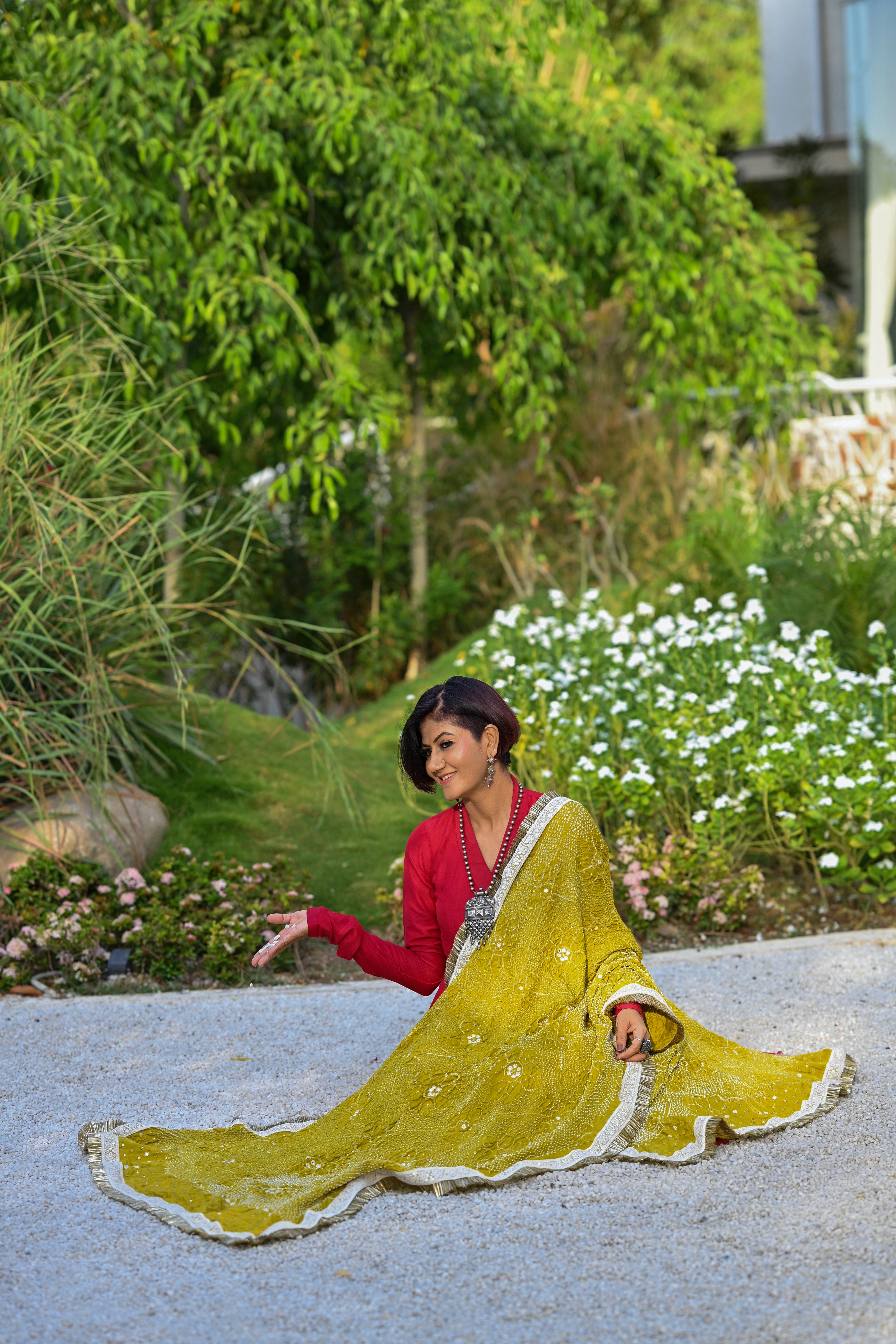 MUSTARD YELLOW POPPY FLOWER BANDHANI SILK DUPATTA WITH MIRROR WORK AND KIRAN BORDER