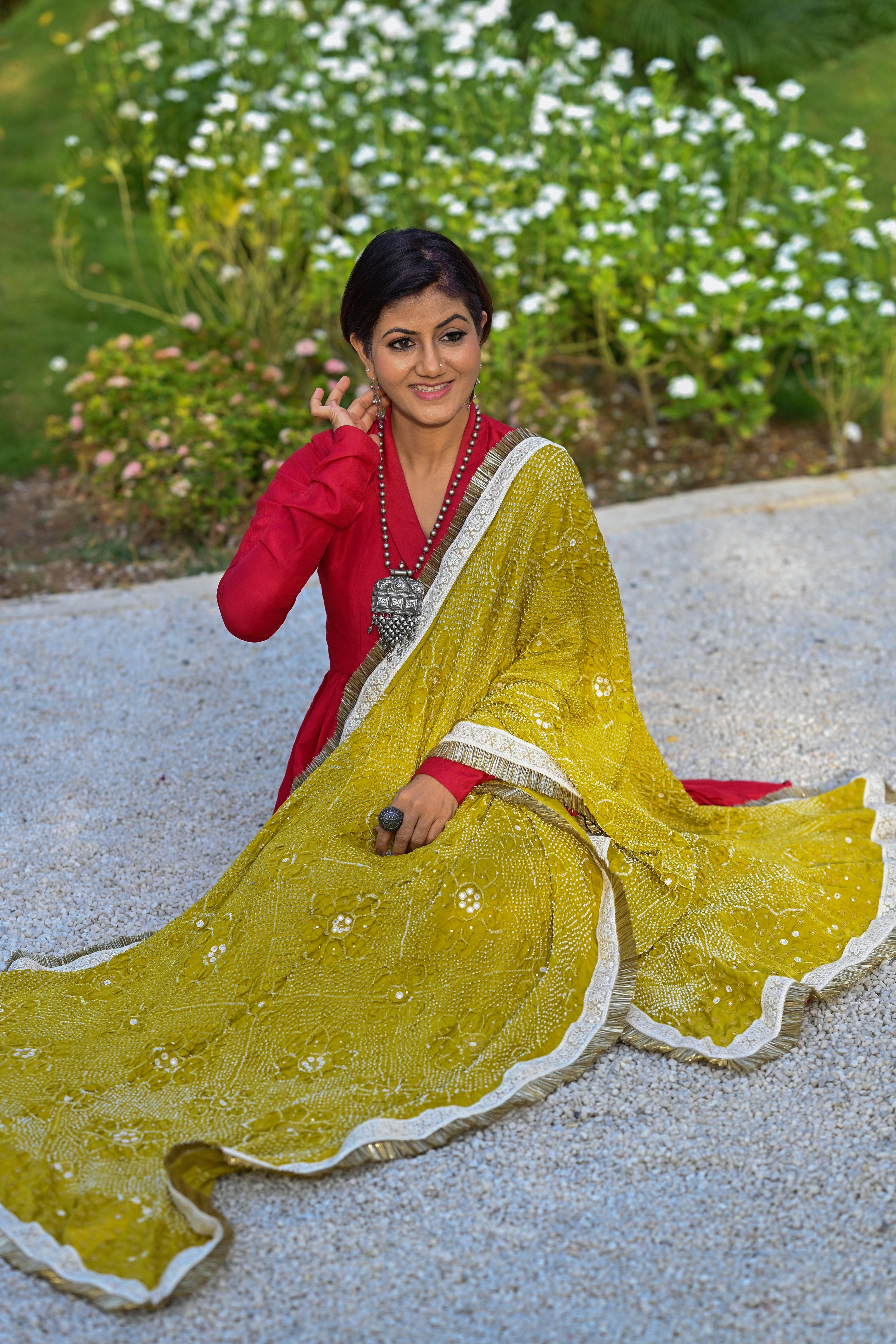MUSTARD YELLOW POPPY FLOWER BANDHANI SILK DUPATTA WITH MIRROR WORK AND KIRAN BORDER