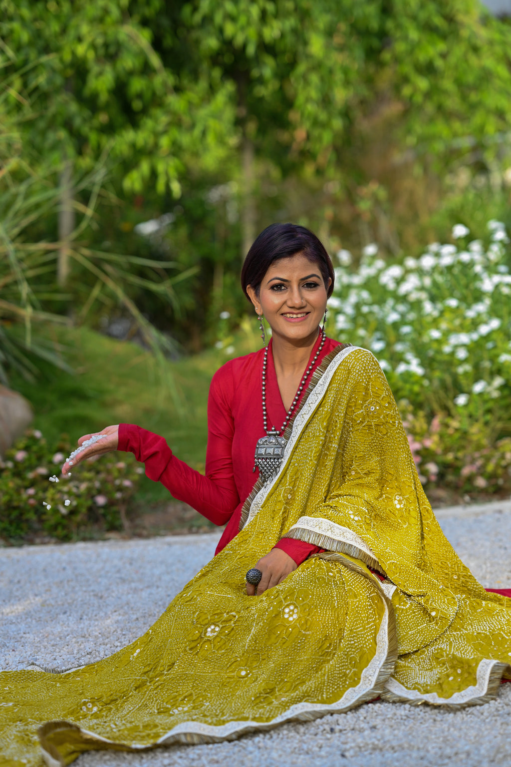 MUSTARD YELLOW POPPY FLOWER BANDHANI SILK DUPATTA WITH MIRROR WORK AND KIRAN BORDER