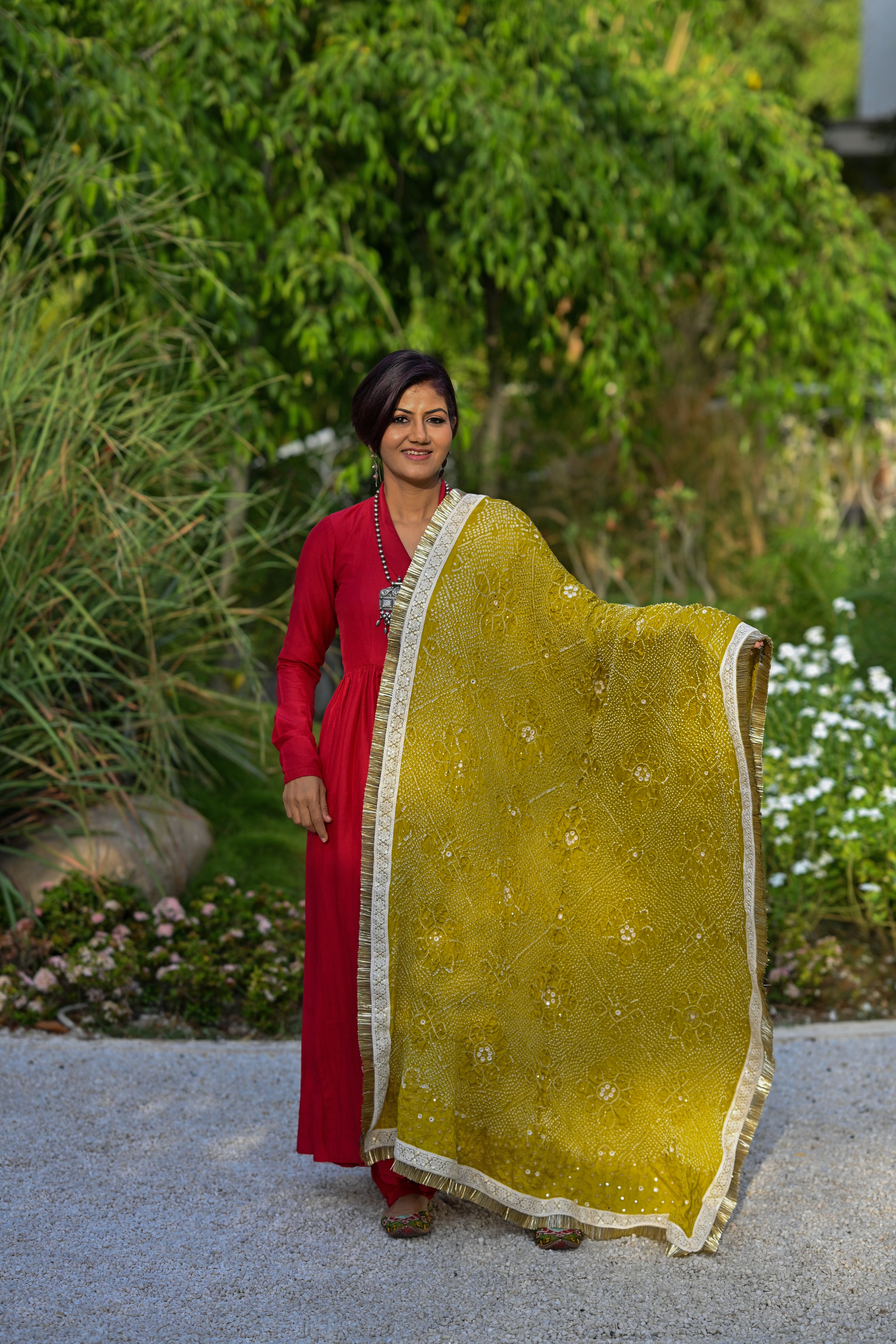 MUSTARD YELLOW POPPY FLOWER BANDHANI SILK DUPATTA WITH MIRROR WORK AND KIRAN BORDER