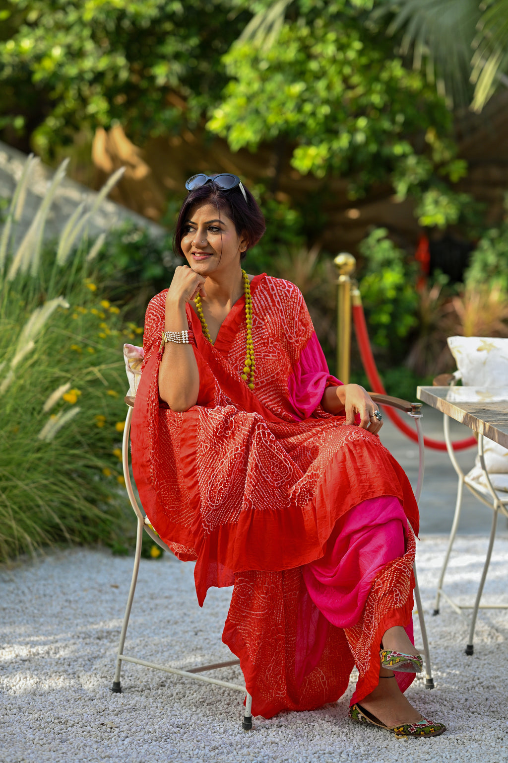 PINK-ORANGE YIN-YANG HALF FULL HALF EMPTY PAISLEY BANDHANI SILK SAREE