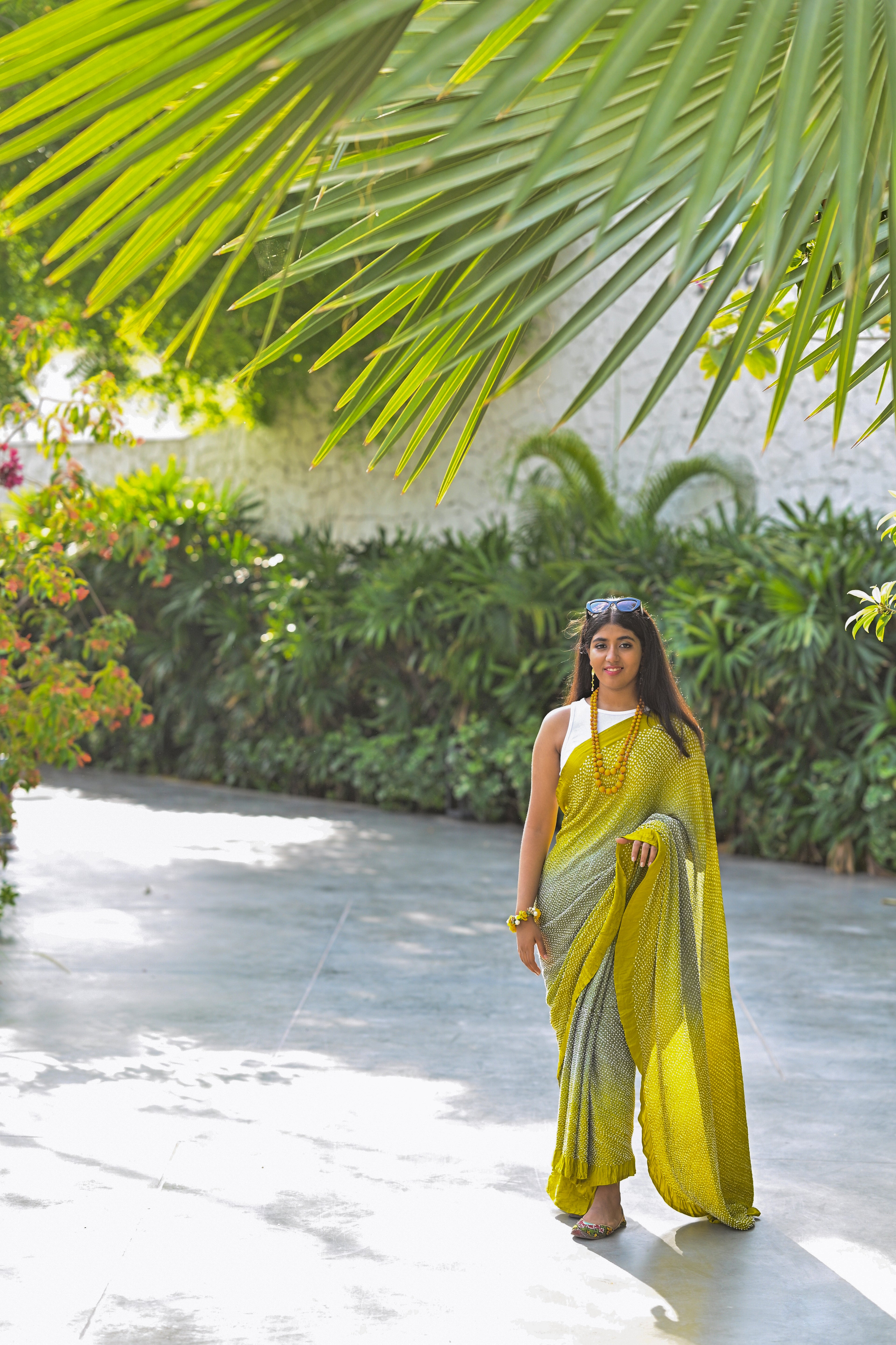 MUSTARD YELLOW-GREY ETERNAL DOTS BANDHANI SILK SAREE