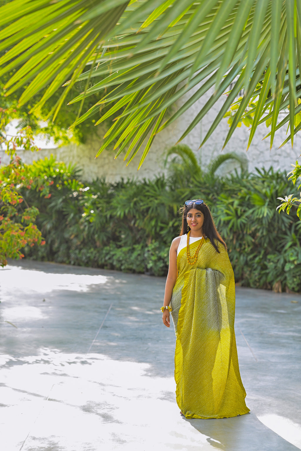 MUSTARD YELLOW-GREY ETERNAL DOTS BANDHANI SILK SAREE