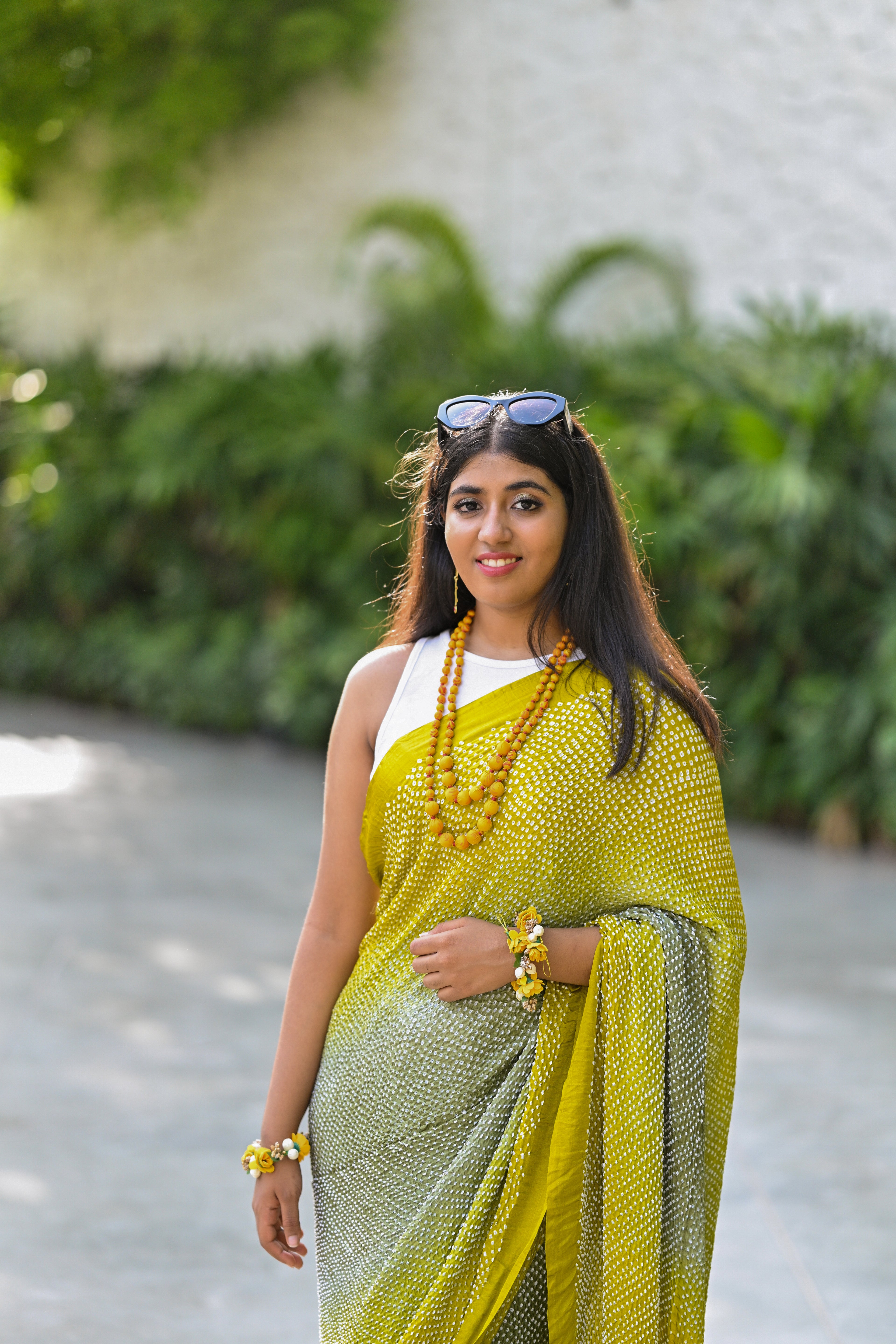MUSTARD YELLOW-GREY ETERNAL DOTS BANDHANI SILK SAREE