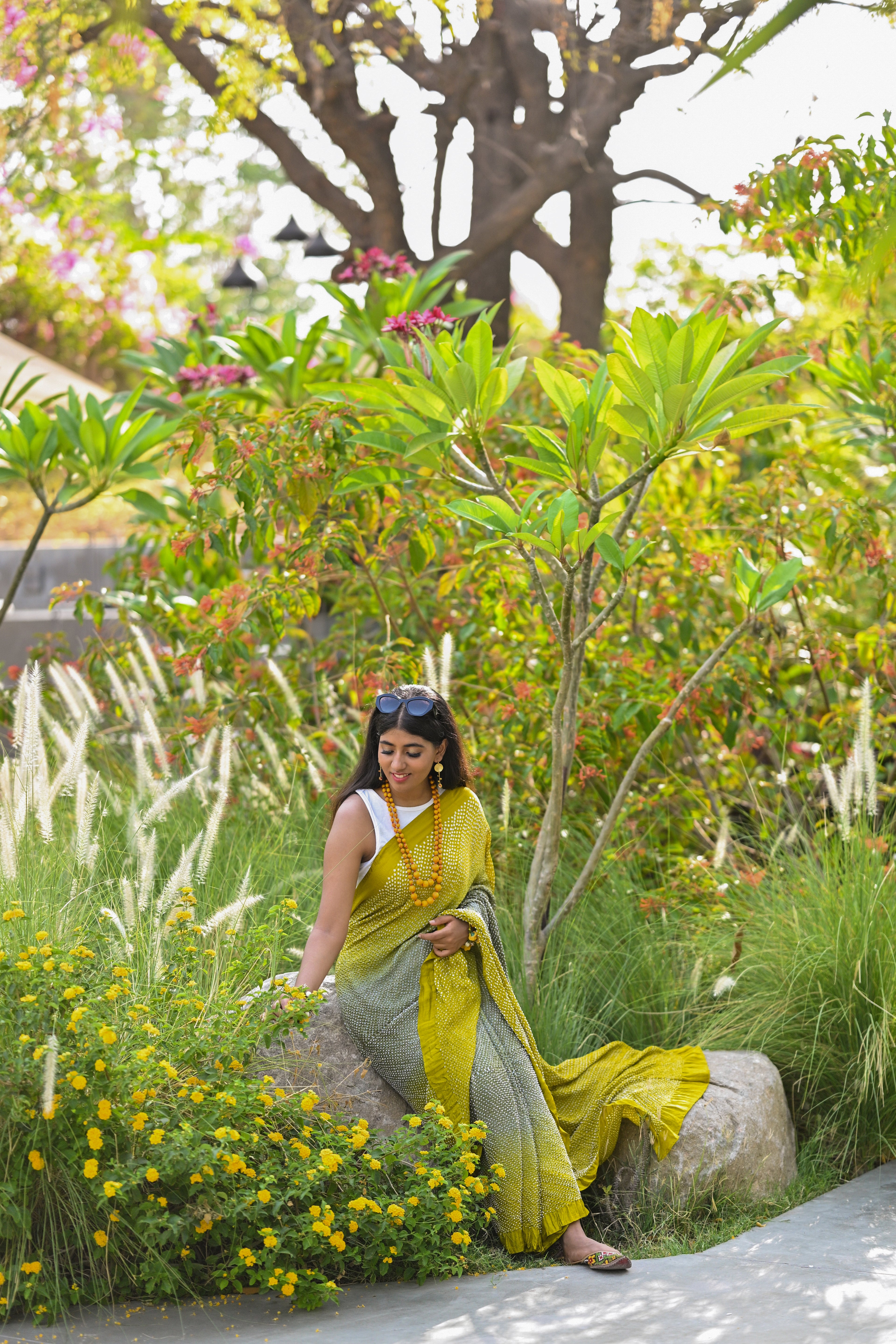 MUSTARD YELLOW-GREY ETERNAL DOTS BANDHANI SILK SAREE