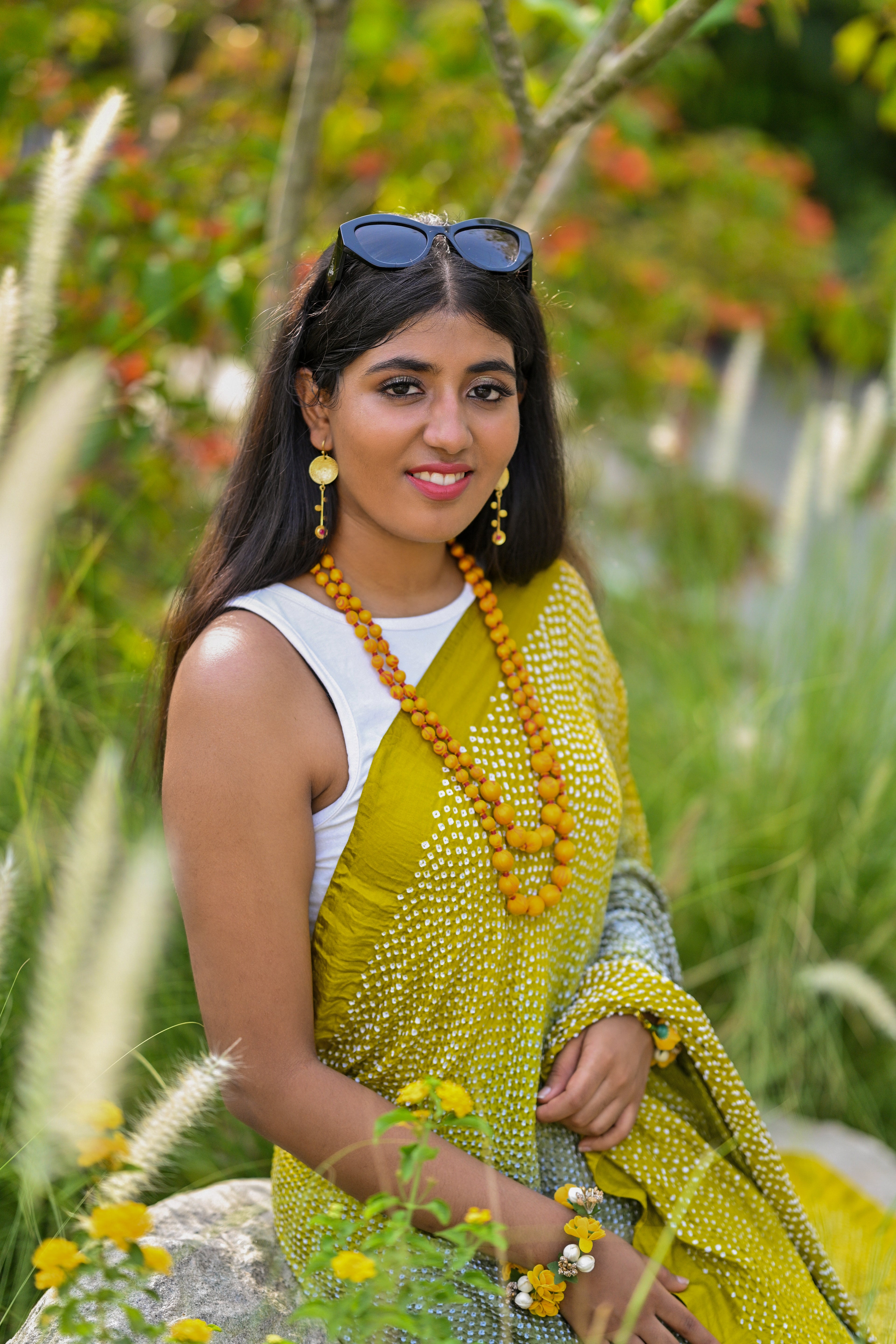 MUSTARD YELLOW-GREY ETERNAL DOTS BANDHANI SILK SAREE