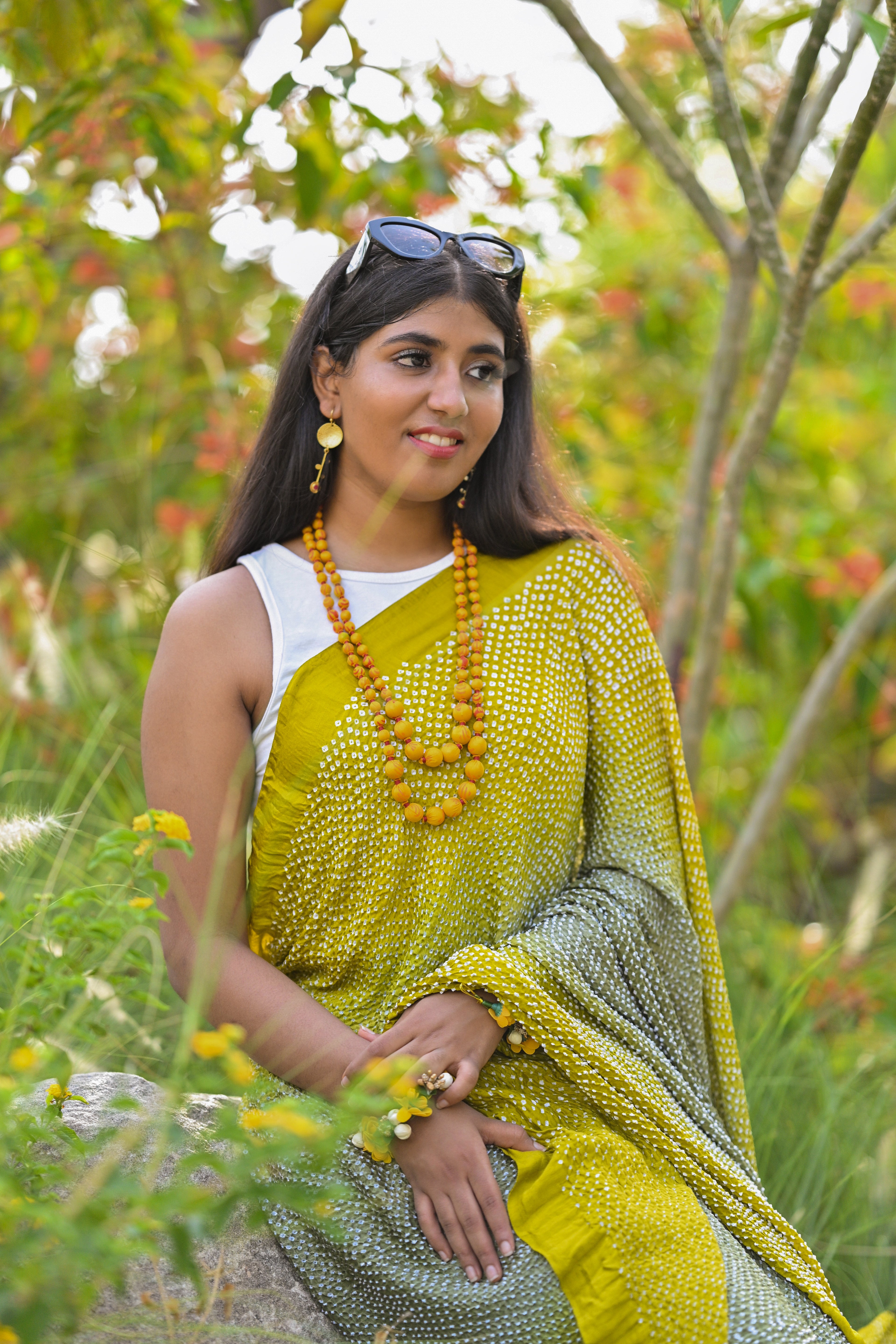 MUSTARD YELLOW-GREY ETERNAL DOTS BANDHANI SILK SAREE