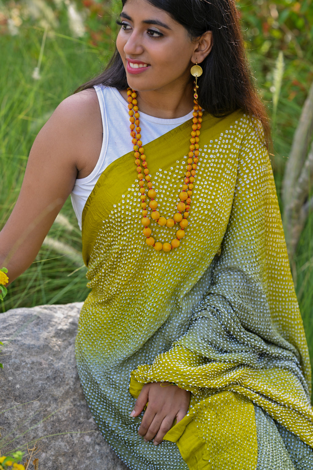 MUSTARD YELLOW-GREY ETERNAL DOTS BANDHANI SILK SAREE
