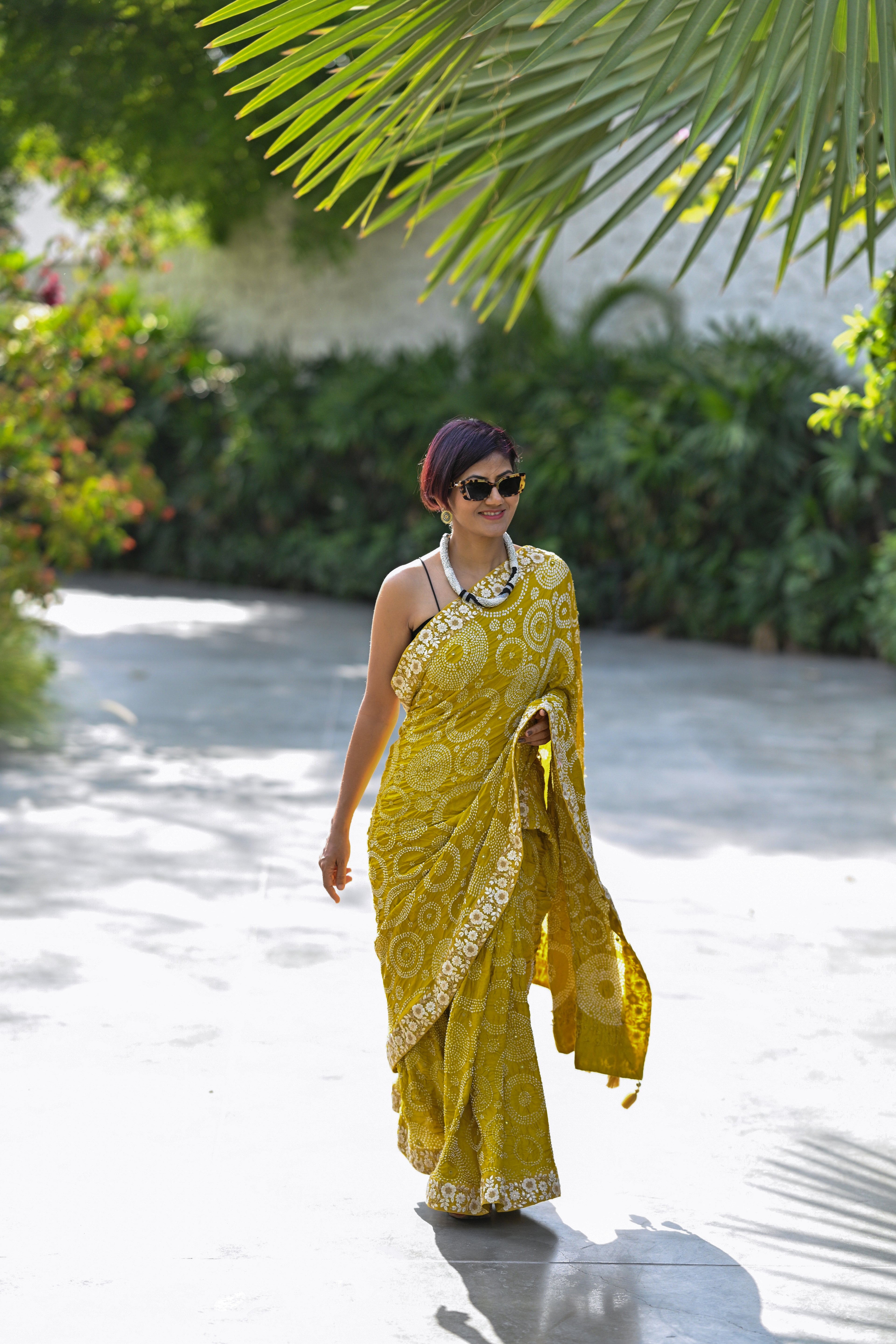 MUSTARD YELLOW CIRCLES OF THE LIFE BANDHANI SILK SAREE WITH MIRROR WORK AND LACE BORDER