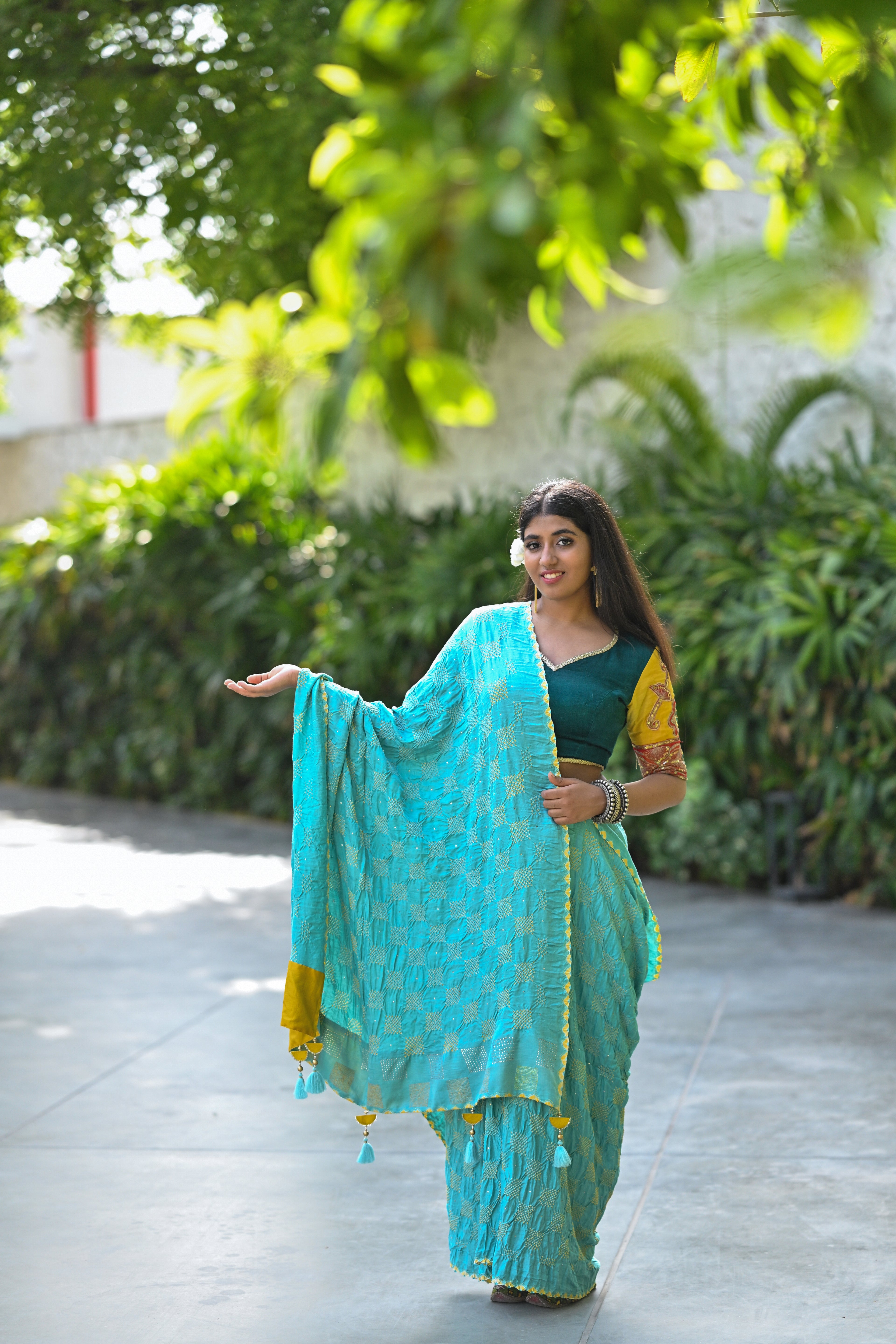 LIGHT BLUE SQUARE GEOMETRIC BANDHANI SILK SAREE WITH MUKAISH WORK AND TASSELS