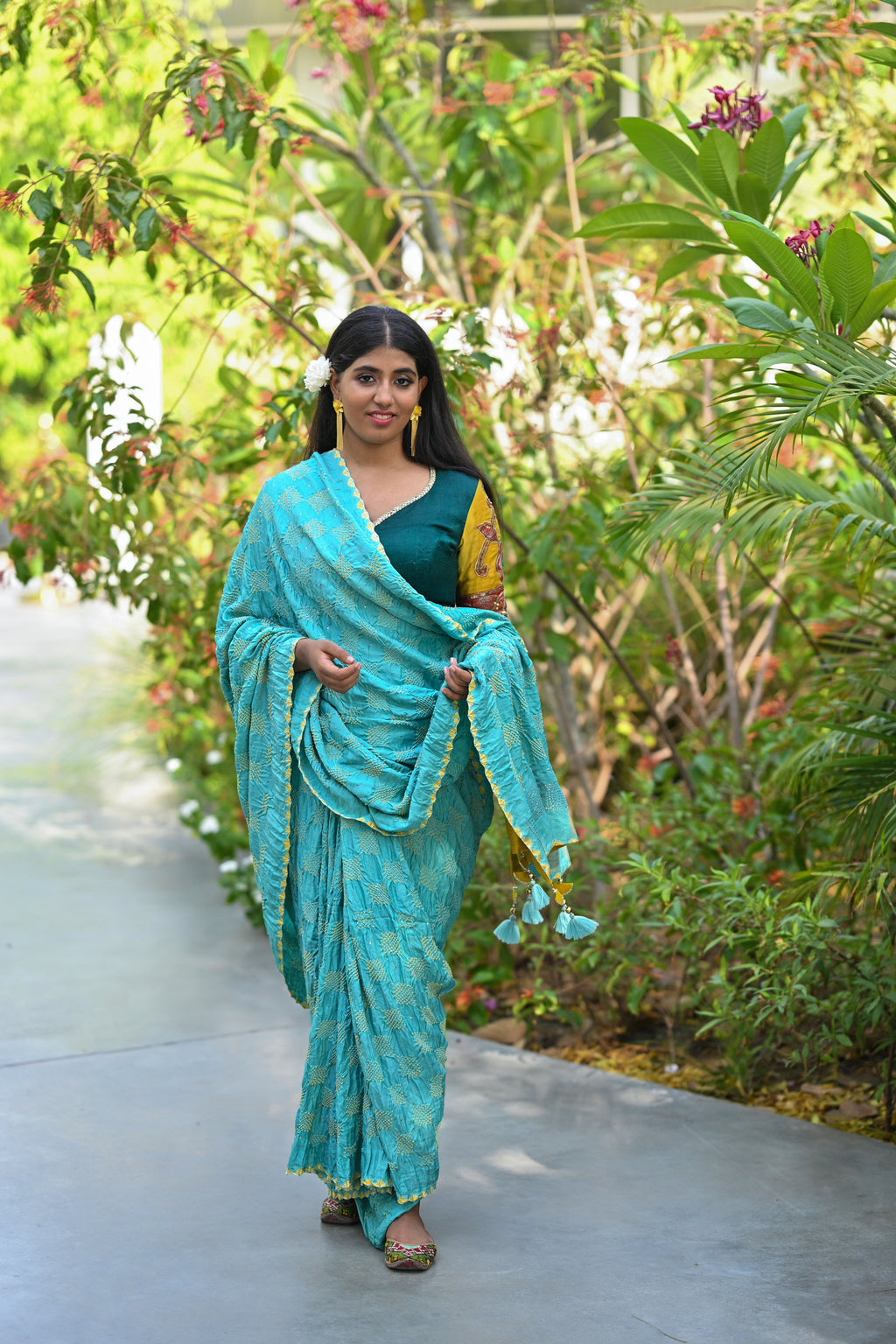 LIGHT BLUE SQUARE GEOMETRIC BANDHANI SILK SAREE WITH MUKAISH WORK AND TASSELS