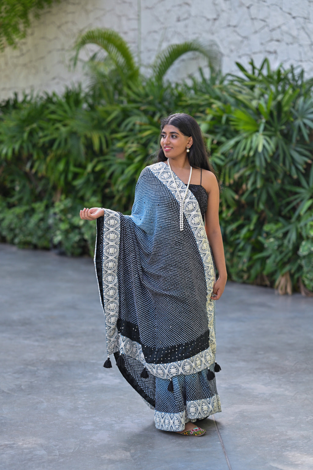 GREY-BLACK ETERNAL DOTS BANDHANI SILK SAREE WITH MIRROR WORK AND LACE BORDER