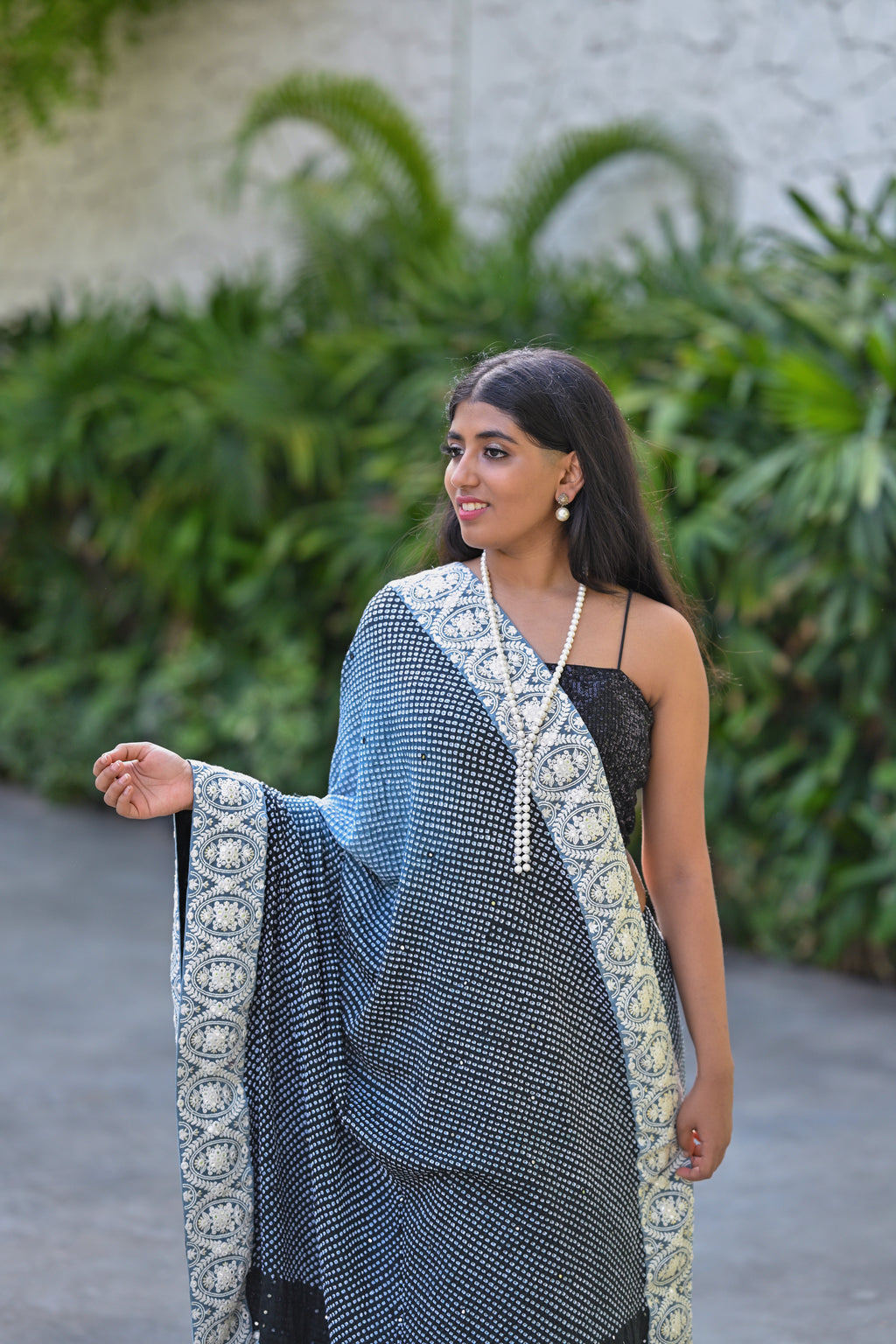 GREY-BLACK ETERNAL DOTS BANDHANI SILK SAREE WITH MIRROR WORK AND LACE BORDER