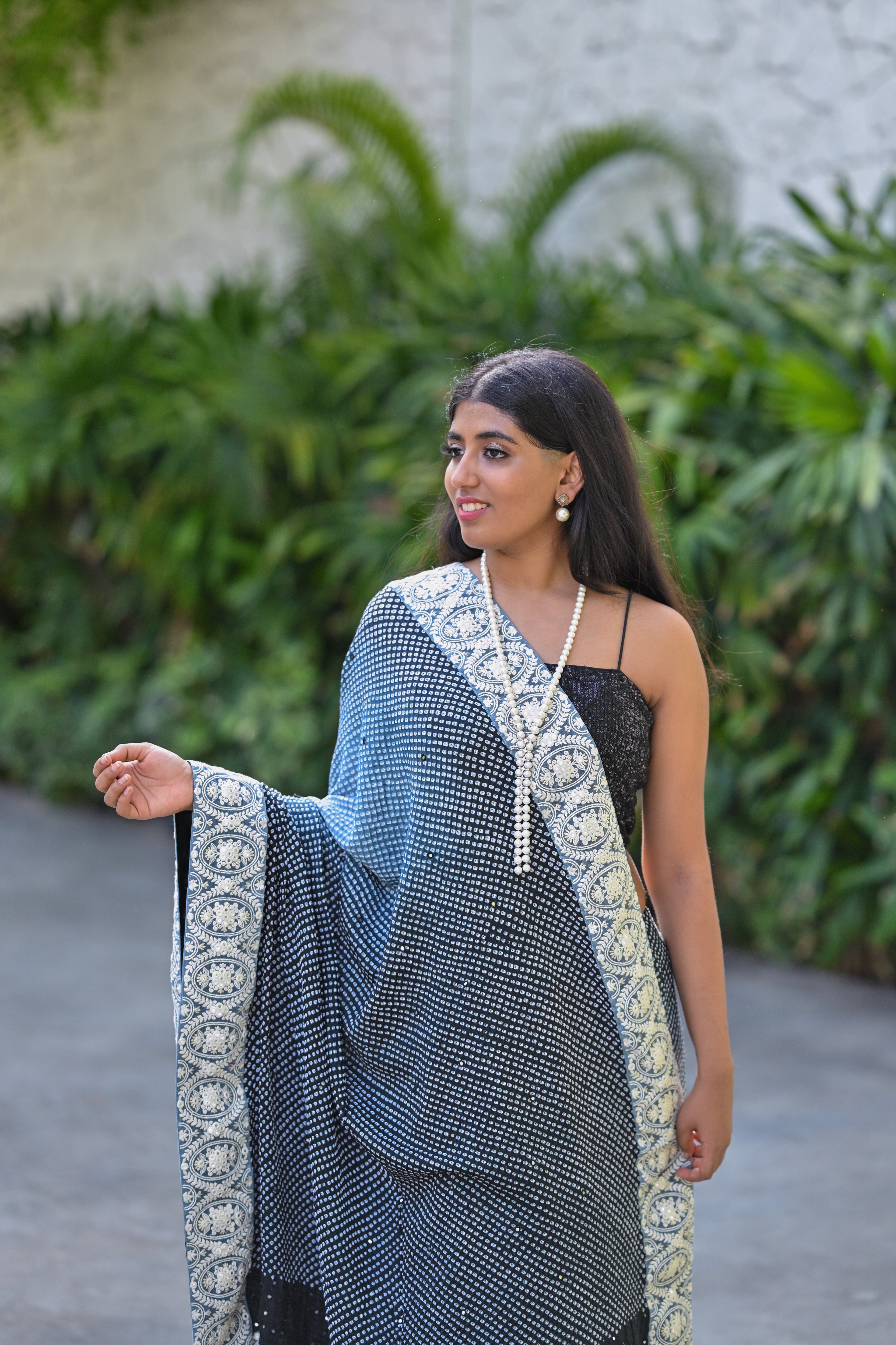 GREY-BLACK ETERNAL DOTS BANDHANI SILK SAREE WITH MIRROR WORK AND LACE BORDER