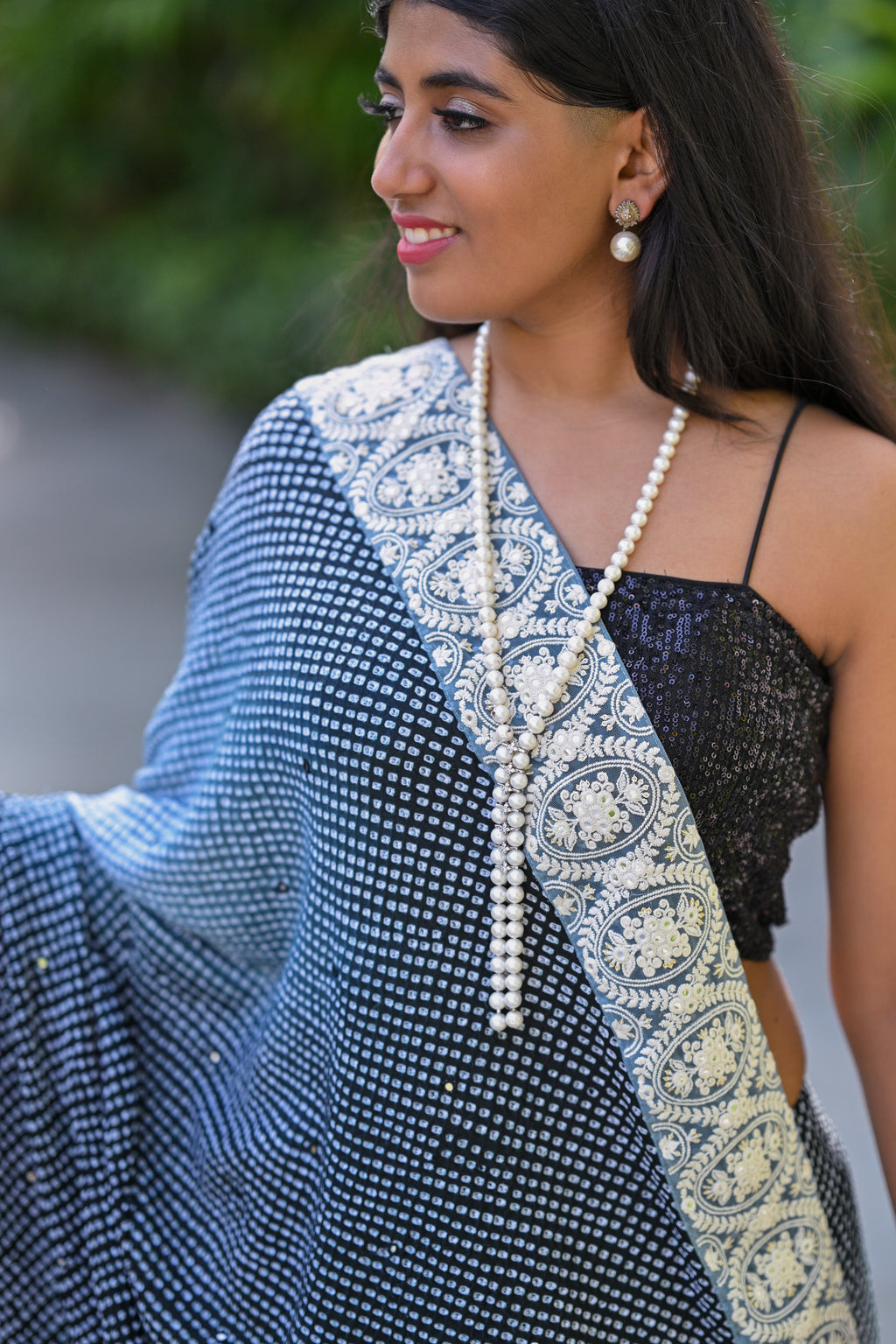 GREY-BLACK ETERNAL DOTS BANDHANI SILK SAREE WITH MIRROR WORK AND LACE BORDER