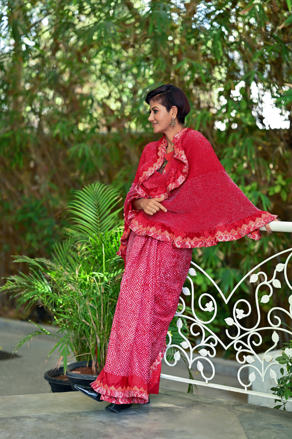 RED ETERNAL DOT SILK BANDHANI SAREE WITH EMBROIDERY AND RUFFLE BORDER