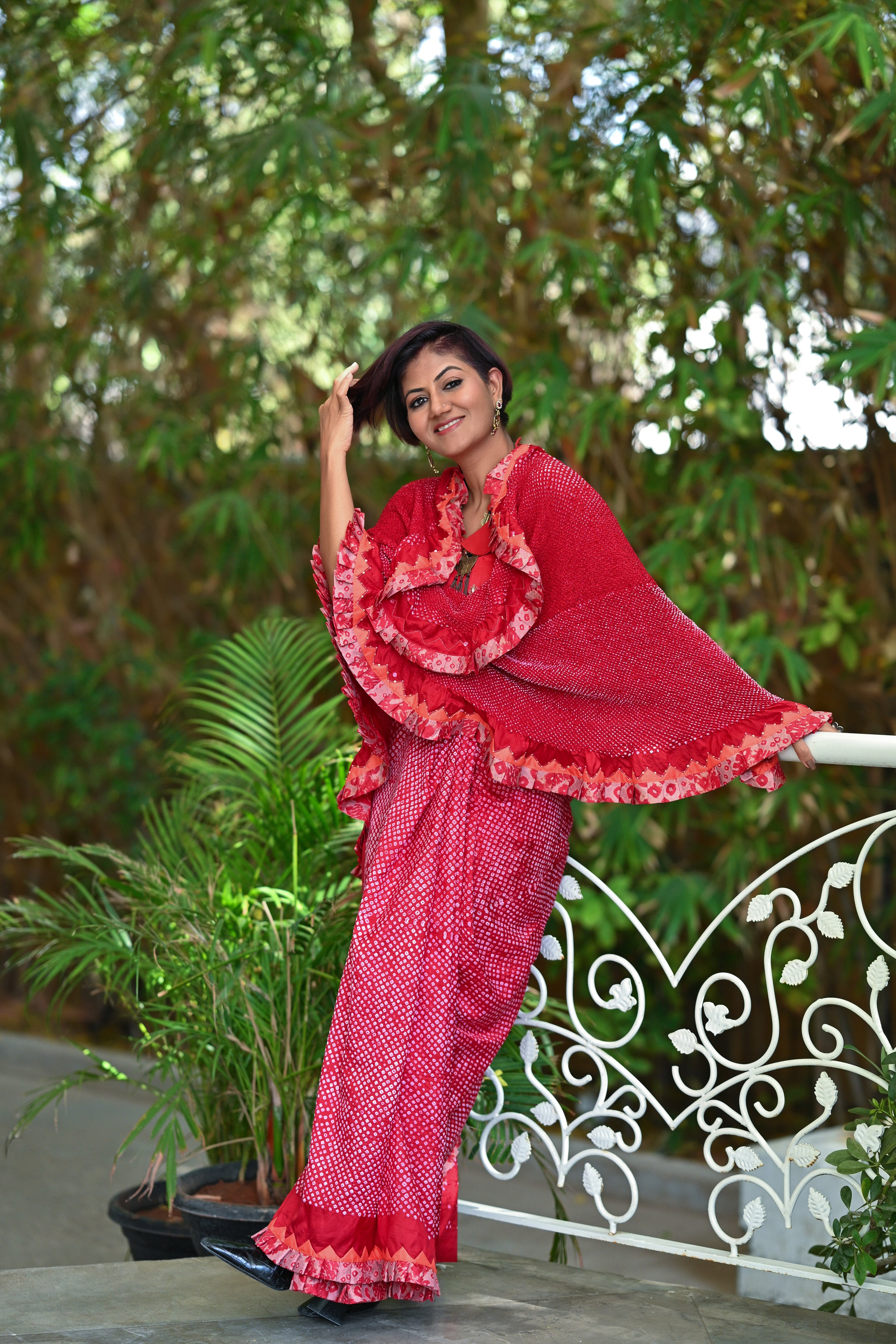 RED ETERNAL DOT SILK BANDHANI SAREE WITH EMBROIDERY AND RUFFLE BORDER