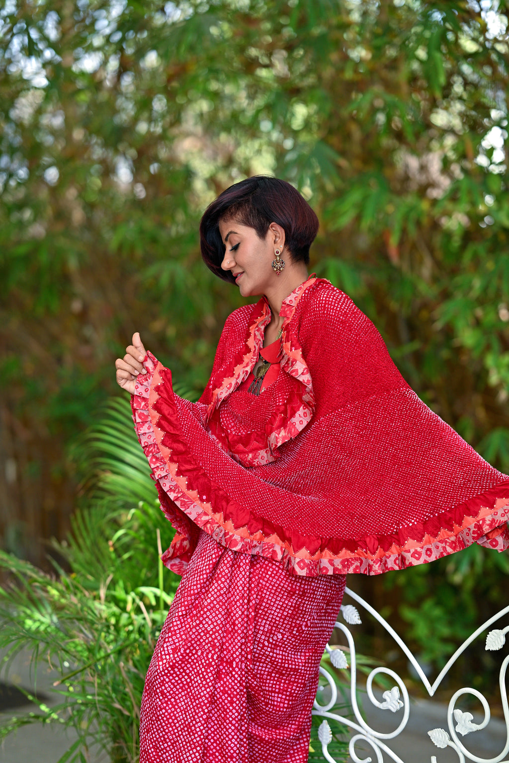 RED ETERNAL DOT SILK BANDHANI SAREE WITH EMBROIDERY AND RUFFLE BORDER