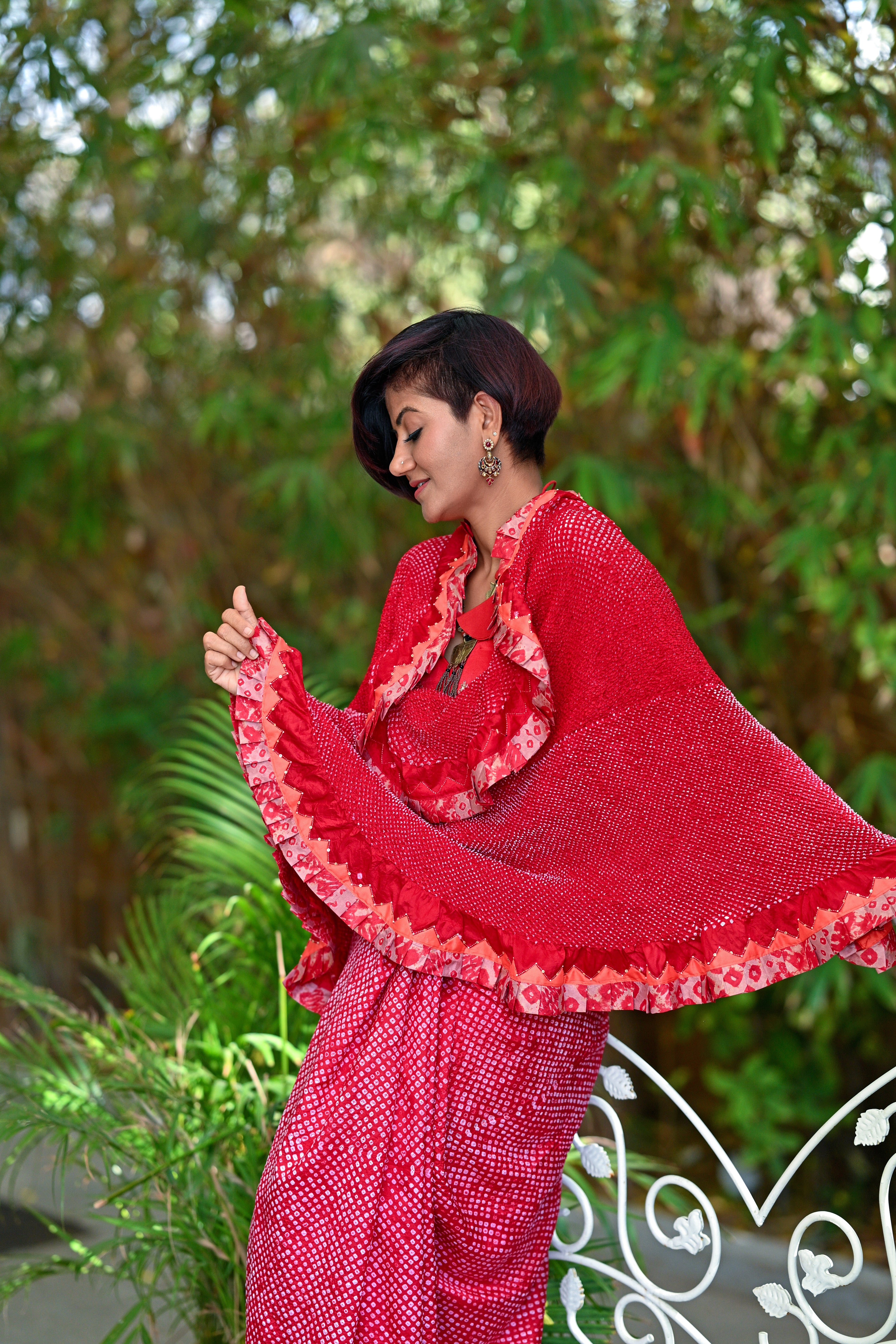 RED ETERNAL DOT SILK BANDHANI SAREE WITH EMBROIDERY AND RUFFLE BORDER
