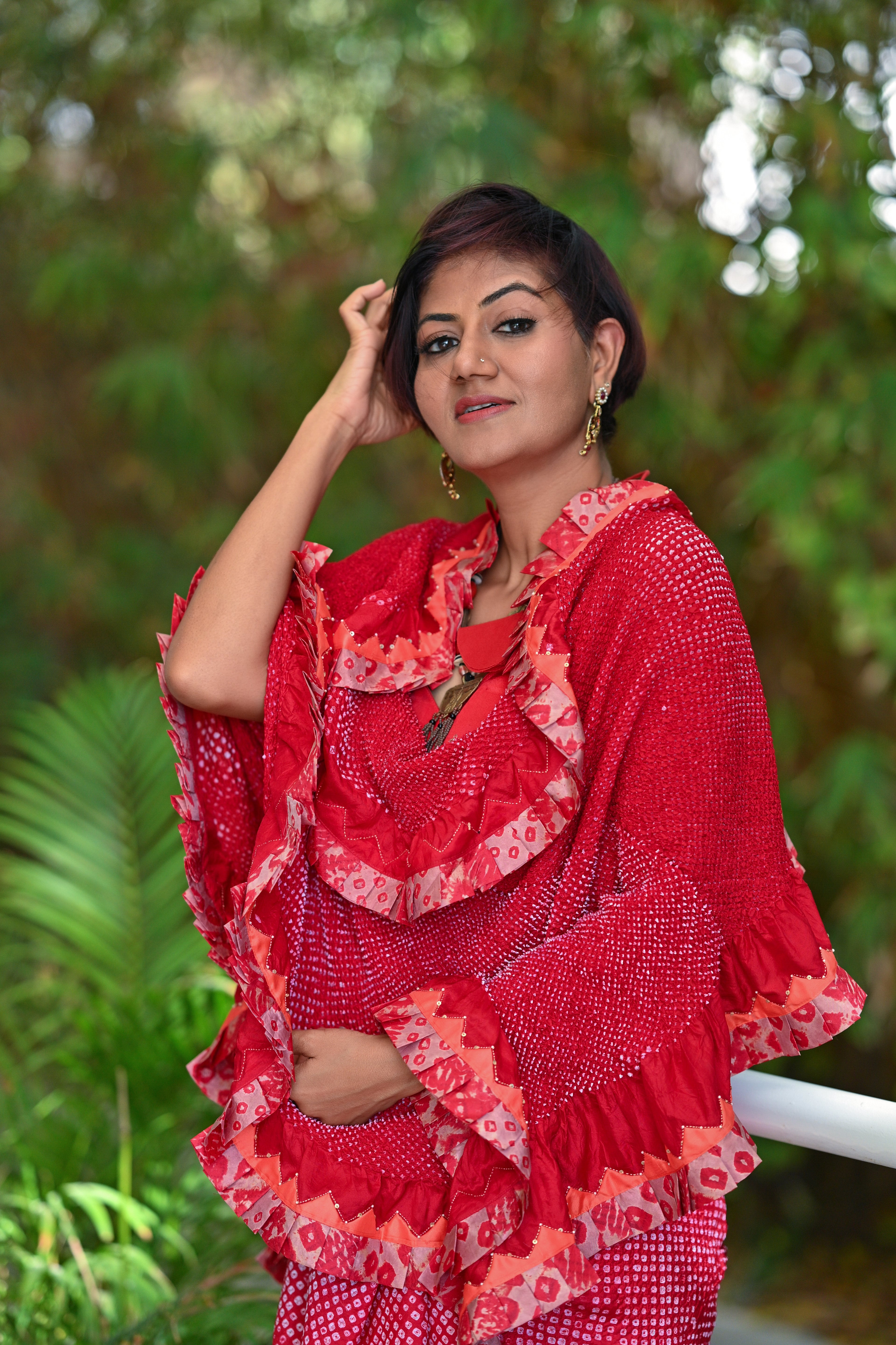 RED ETERNAL DOT SILK BANDHANI SAREE WITH EMBROIDERY AND RUFFLE BORDER