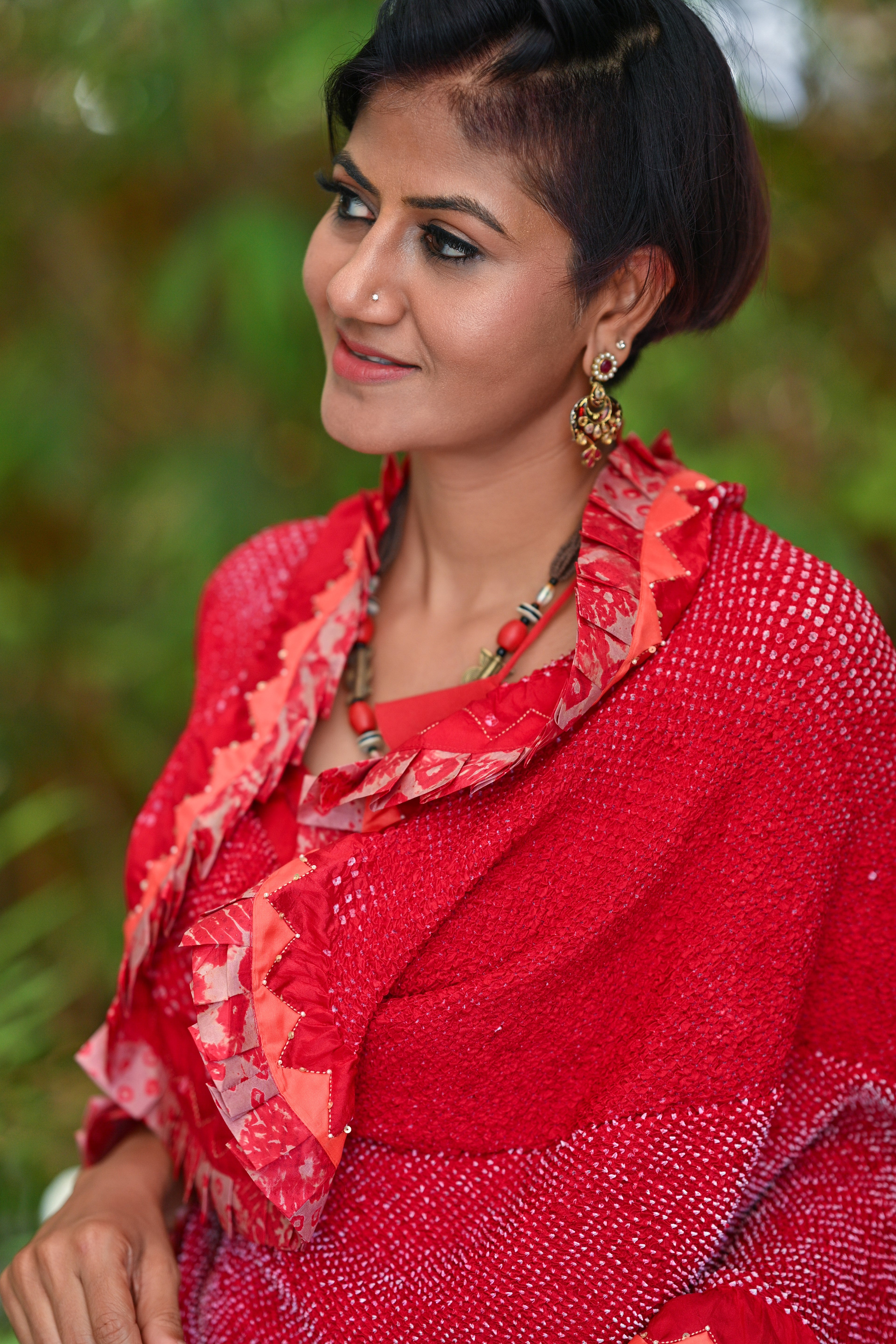 RED ETERNAL DOT SILK BANDHANI SAREE WITH EMBROIDERY AND RUFFLE BORDER