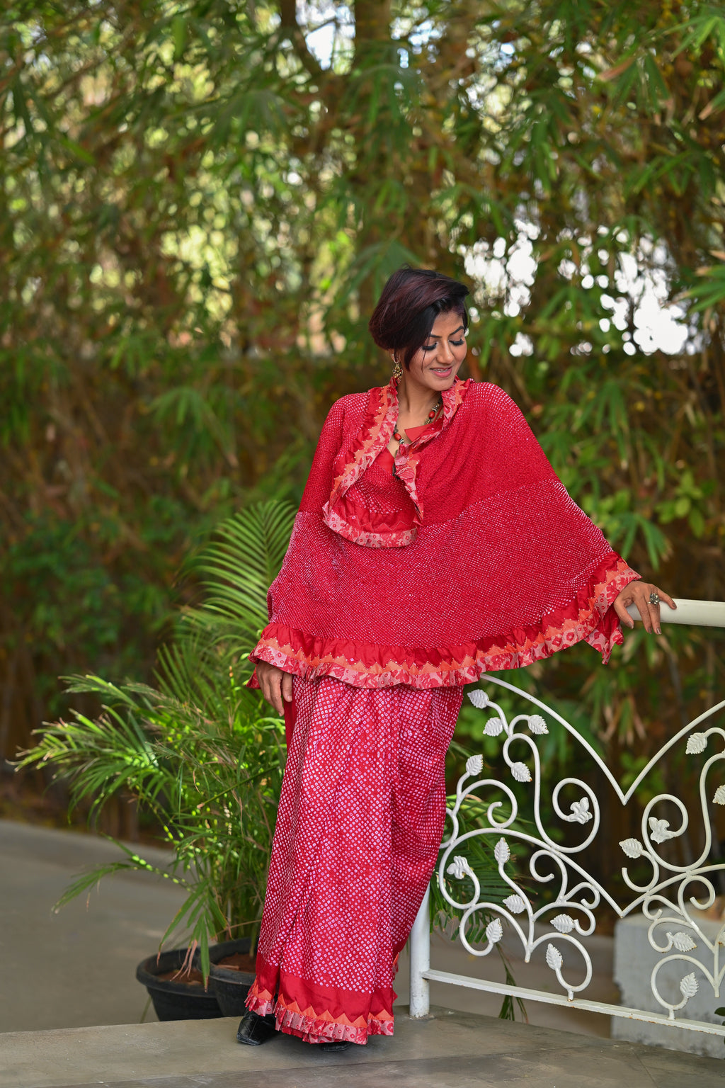 RED ETERNAL DOT SILK BANDHANI SAREE WITH EMBROIDERY AND RUFFLE BORDER