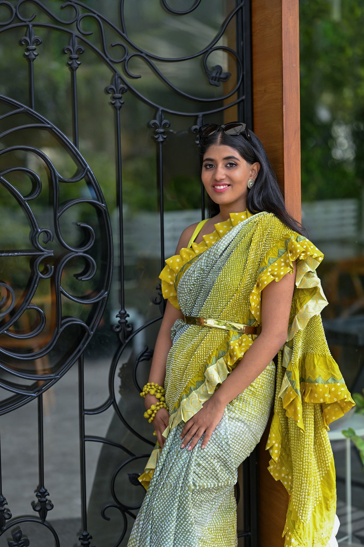 SILK RUFFLE BANDHANI SAREE YELLOW-GREY