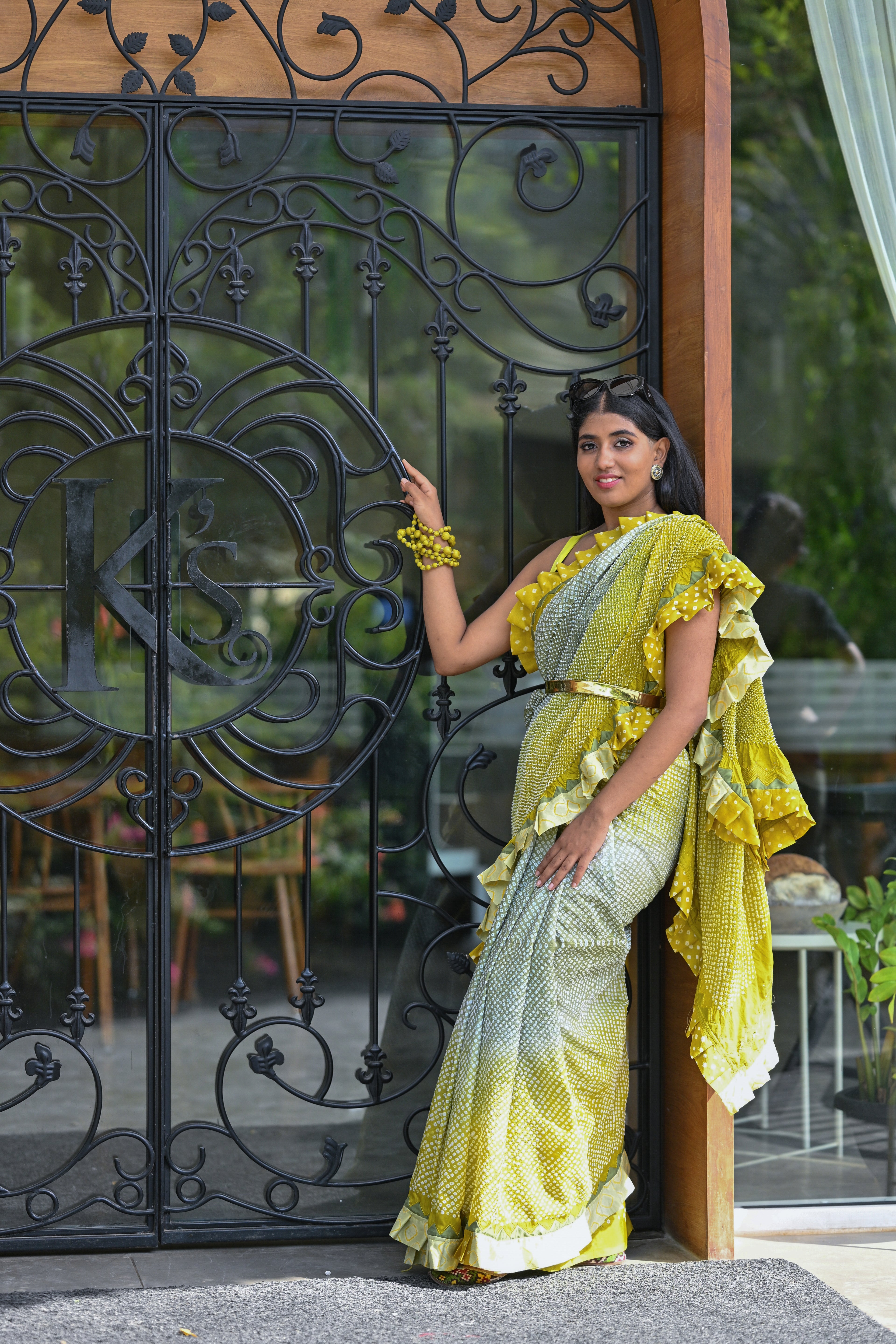 YELLOW-GREY SILK BANDHANI SAREE WITH EMBROIDERY AND RUFFLE BORDER