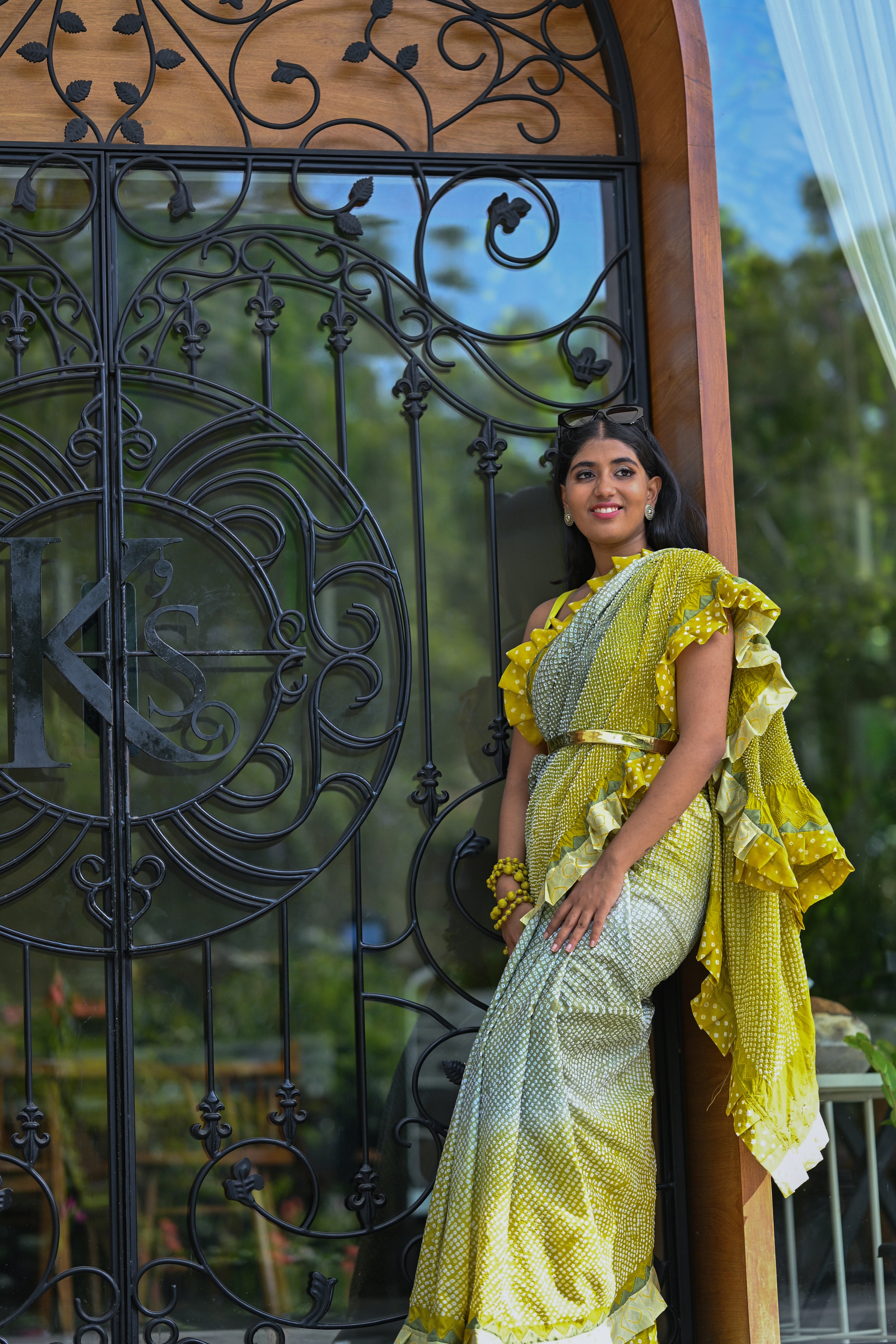 YELLOW-GREY SILK BANDHANI SAREE WITH EMBROIDERY AND RUFFLE BORDER