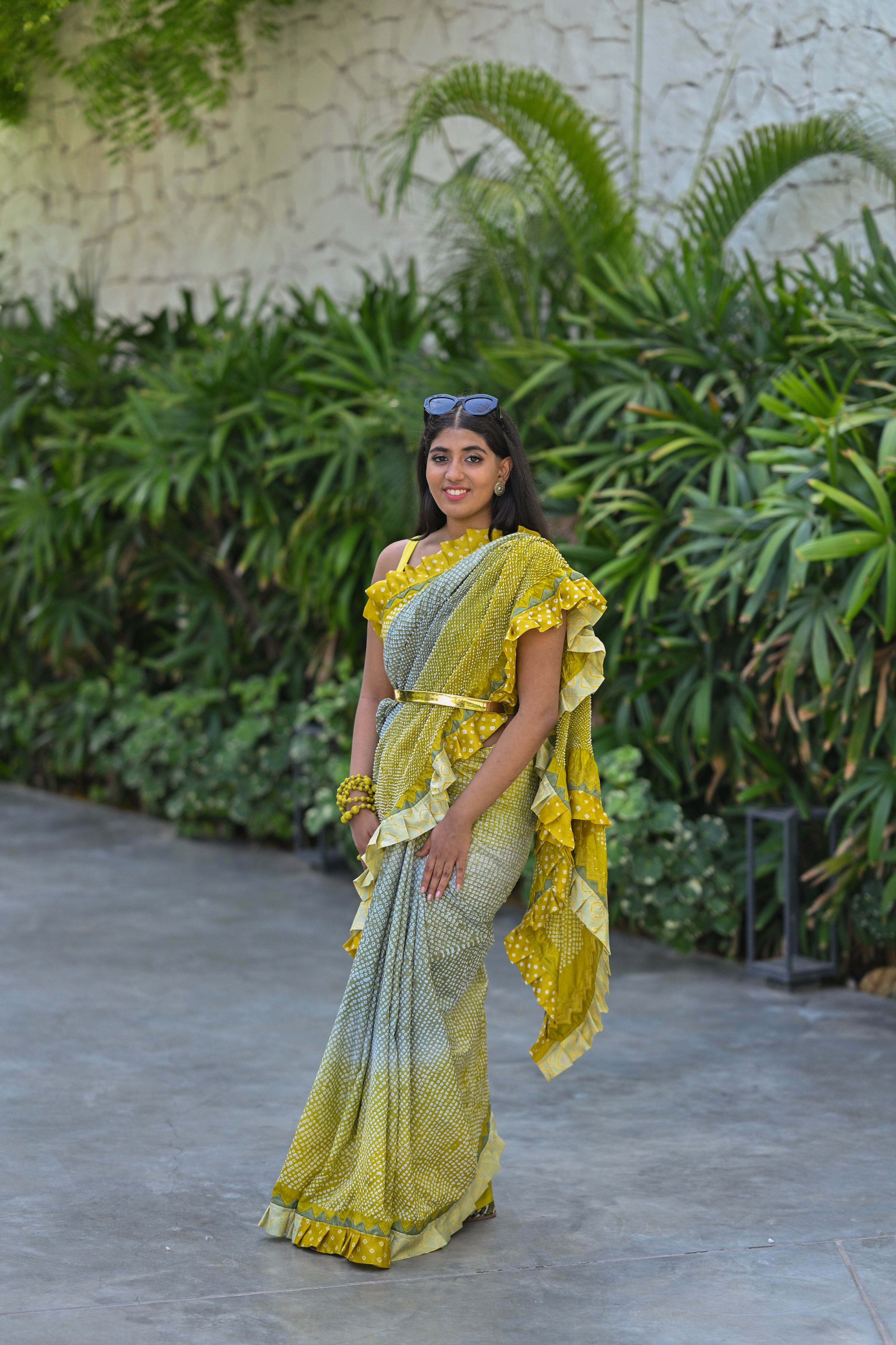 YELLOW-GREY SILK BANDHANI SAREE WITH EMBROIDERY AND RUFFLE BORDER