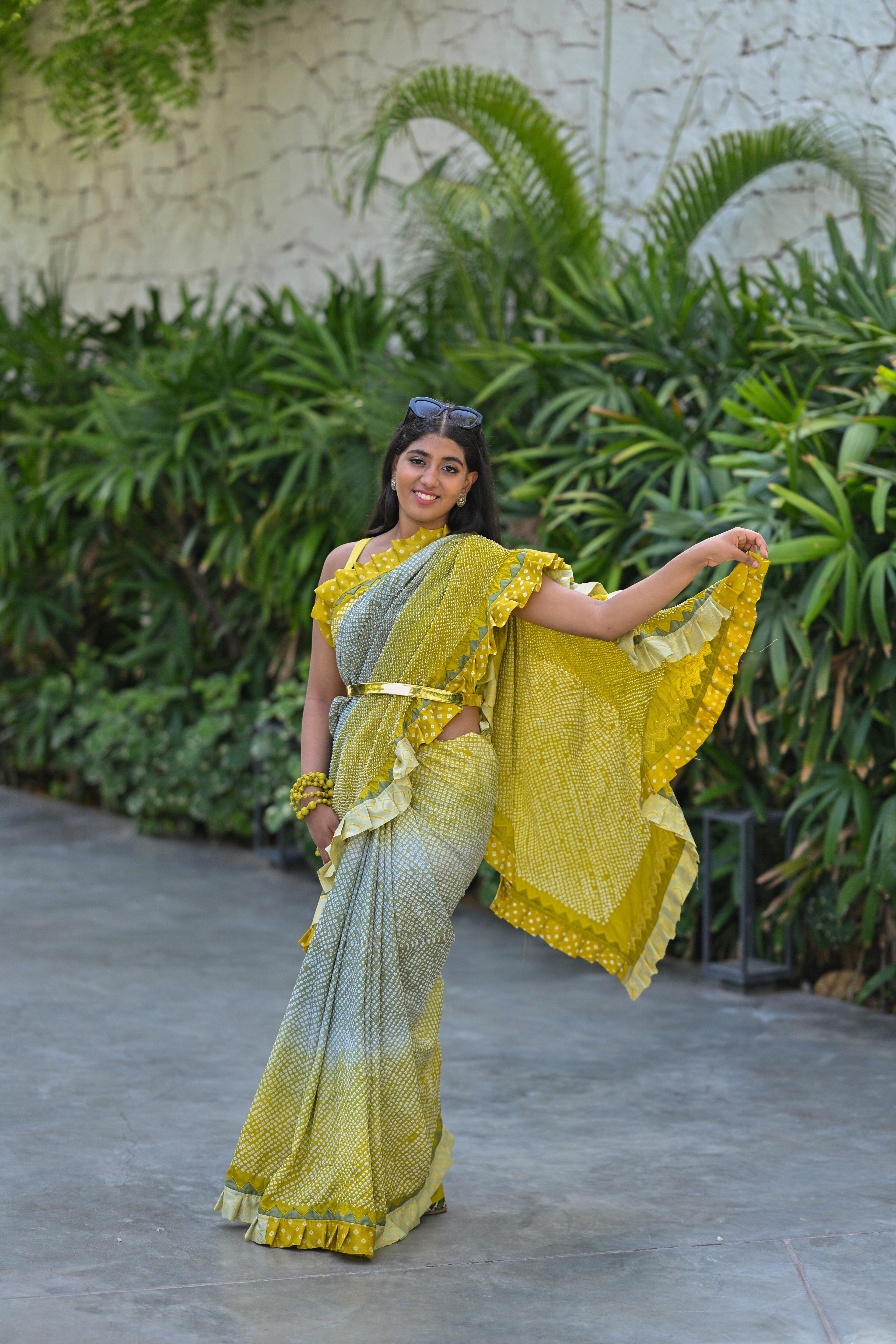 YELLOW-GREY SILK BANDHANI SAREE WITH EMBROIDERY AND RUFFLE BORDER