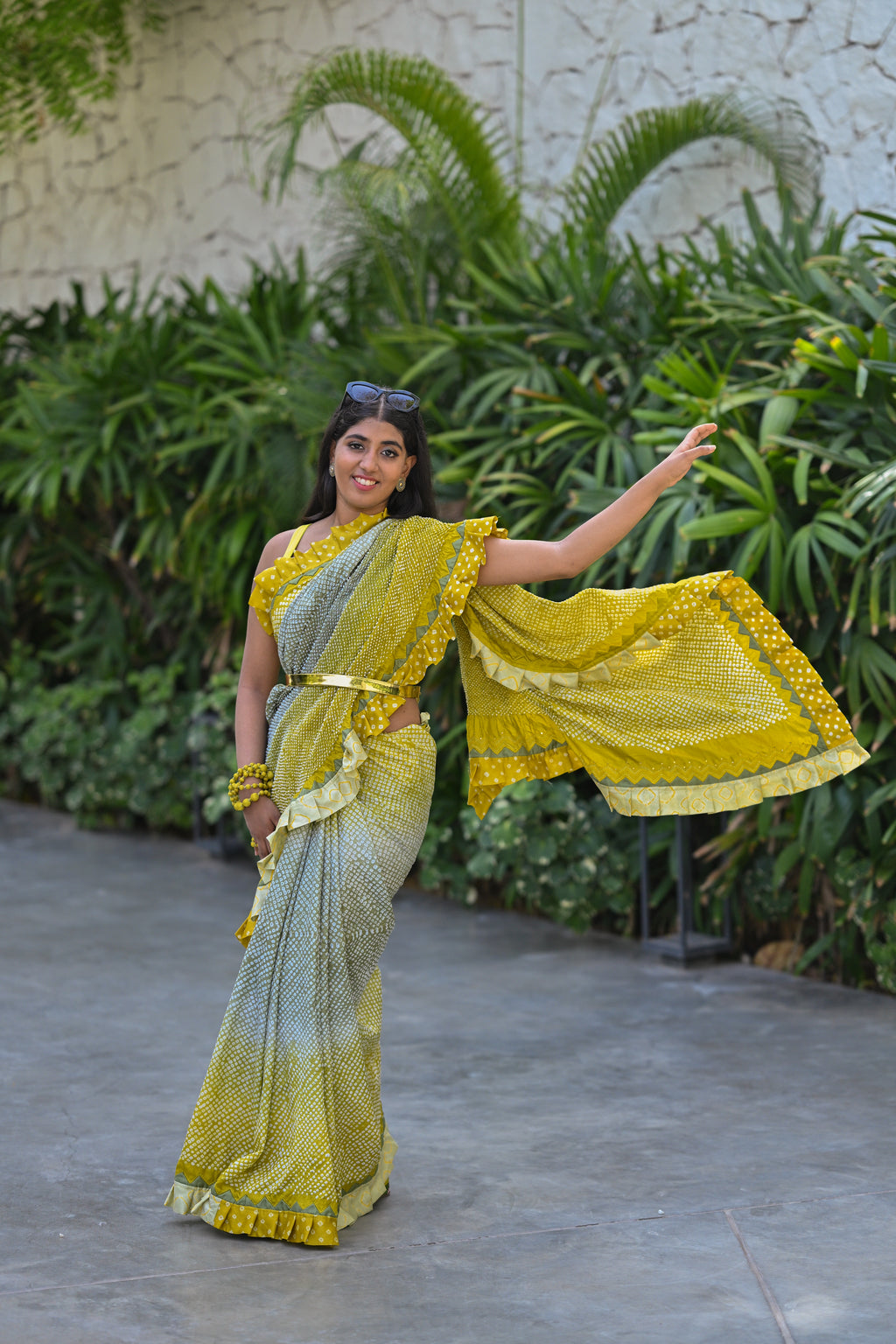 YELLOW-GREY SILK BANDHANI SAREE WITH EMBROIDERY AND RUFFLE BORDER