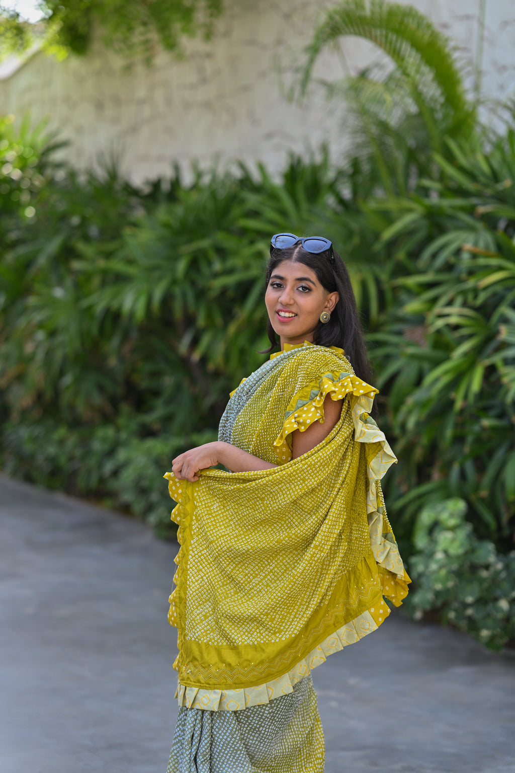 YELLOW-GREY SILK BANDHANI SAREE WITH EMBROIDERY AND RUFFLE BORDER