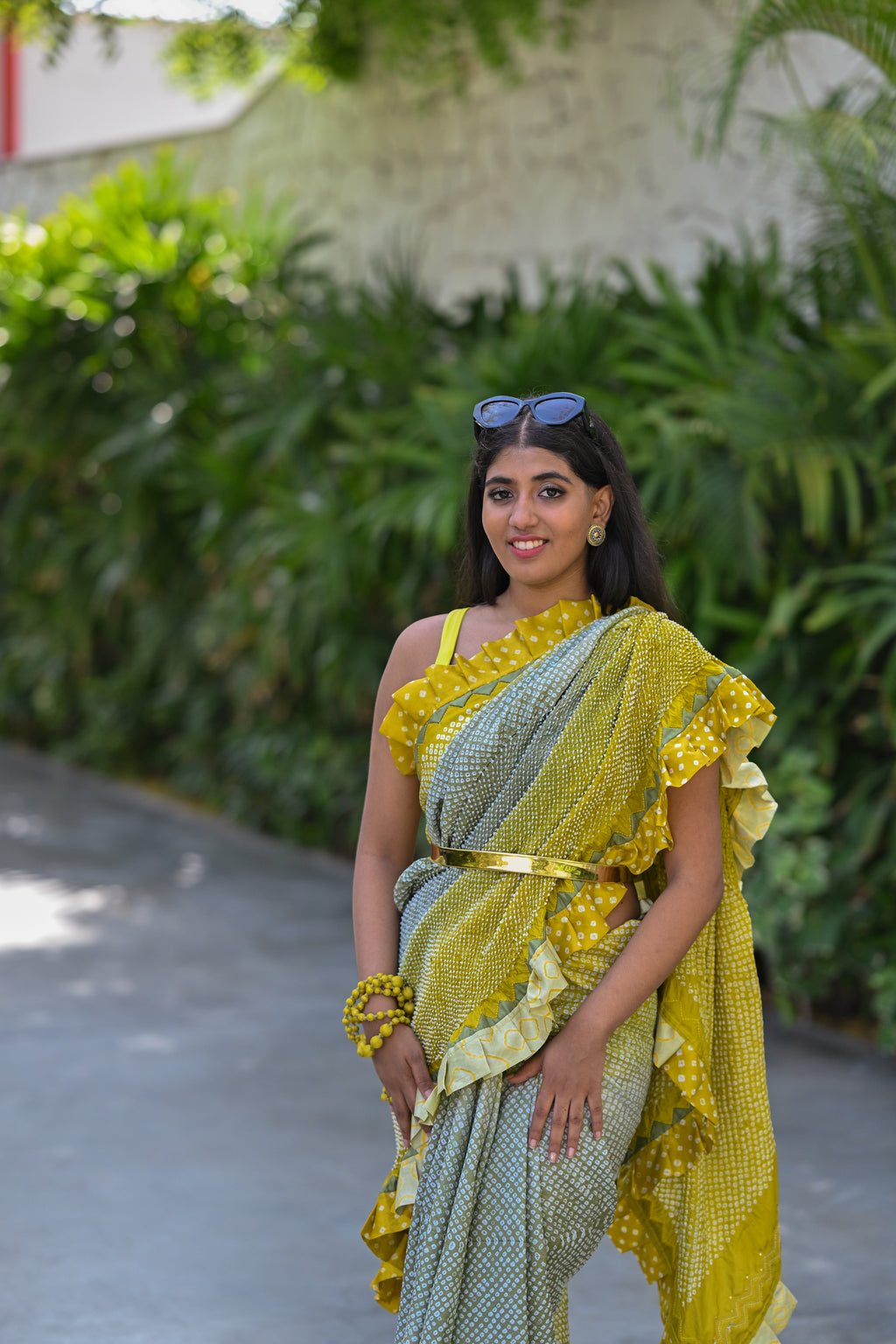 YELLOW-GREY SILK BANDHANI SAREE WITH EMBROIDERY AND RUFFLE BORDER