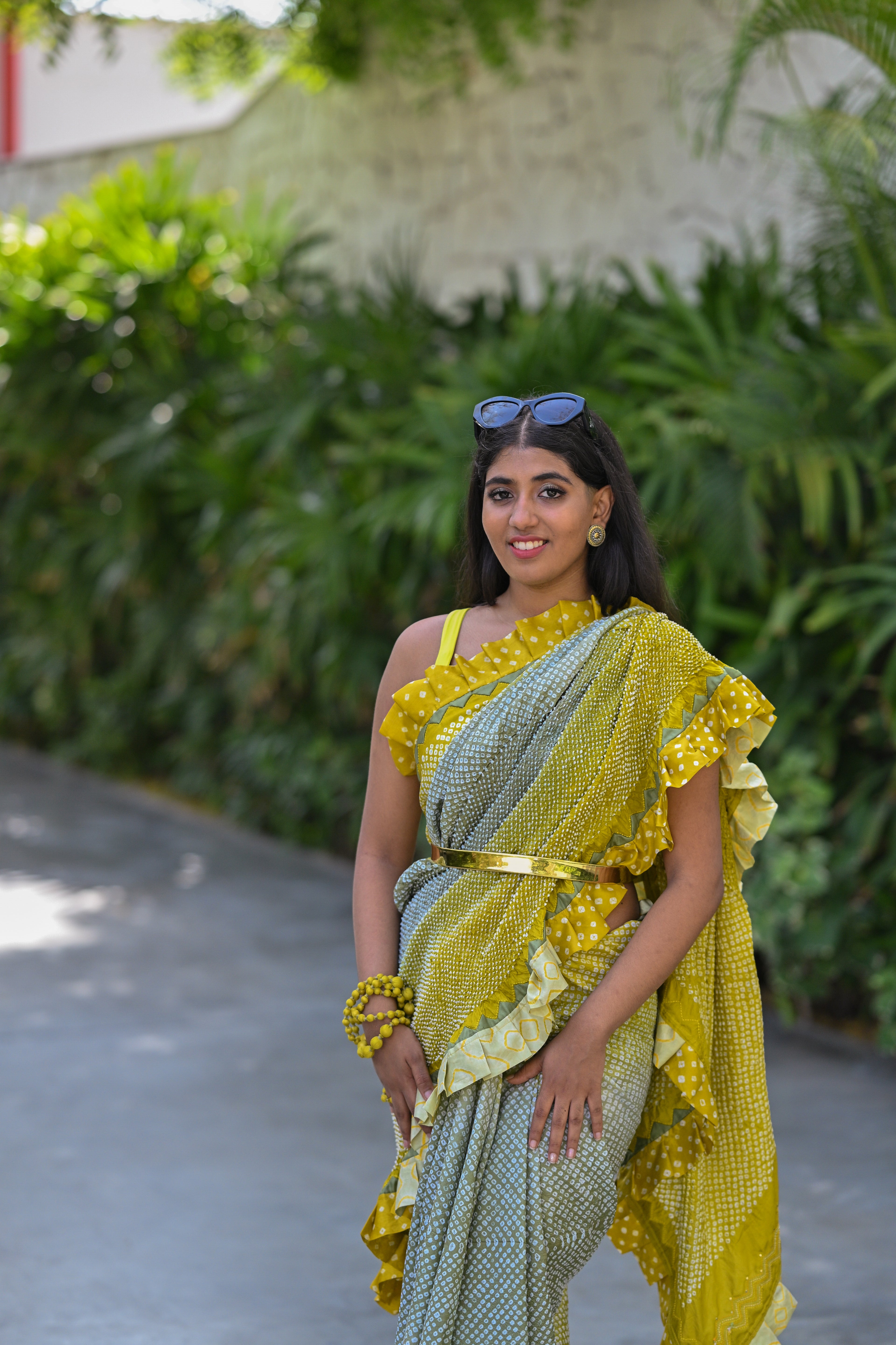 YELLOW-GREY SILK BANDHANI SAREE WITH EMBROIDERY AND RUFFLE BORDER