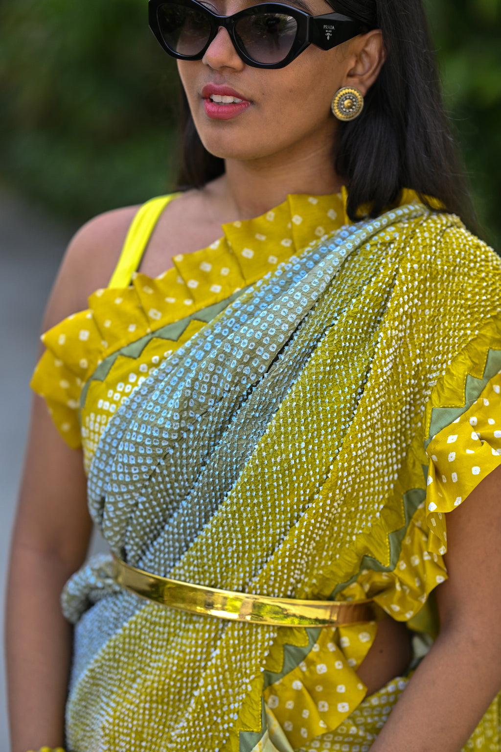 YELLOW-GREY SILK BANDHANI SAREE WITH EMBROIDERY AND RUFFLE BORDER