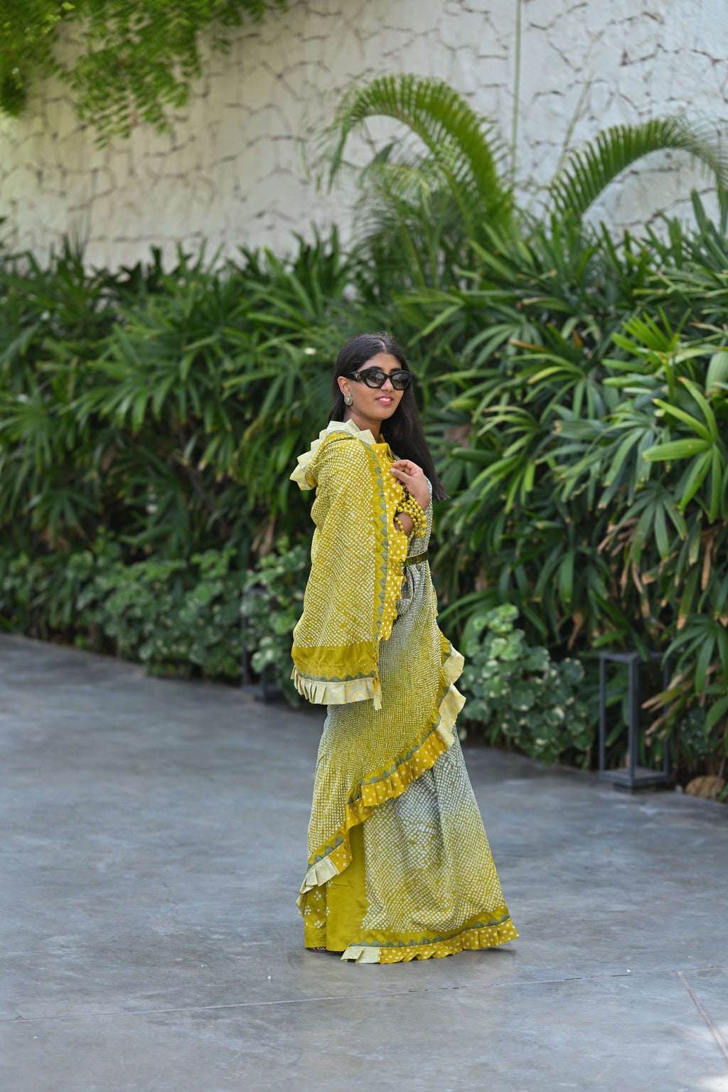 YELLOW-GREY SILK BANDHANI SAREE WITH EMBROIDERY AND RUFFLE BORDER