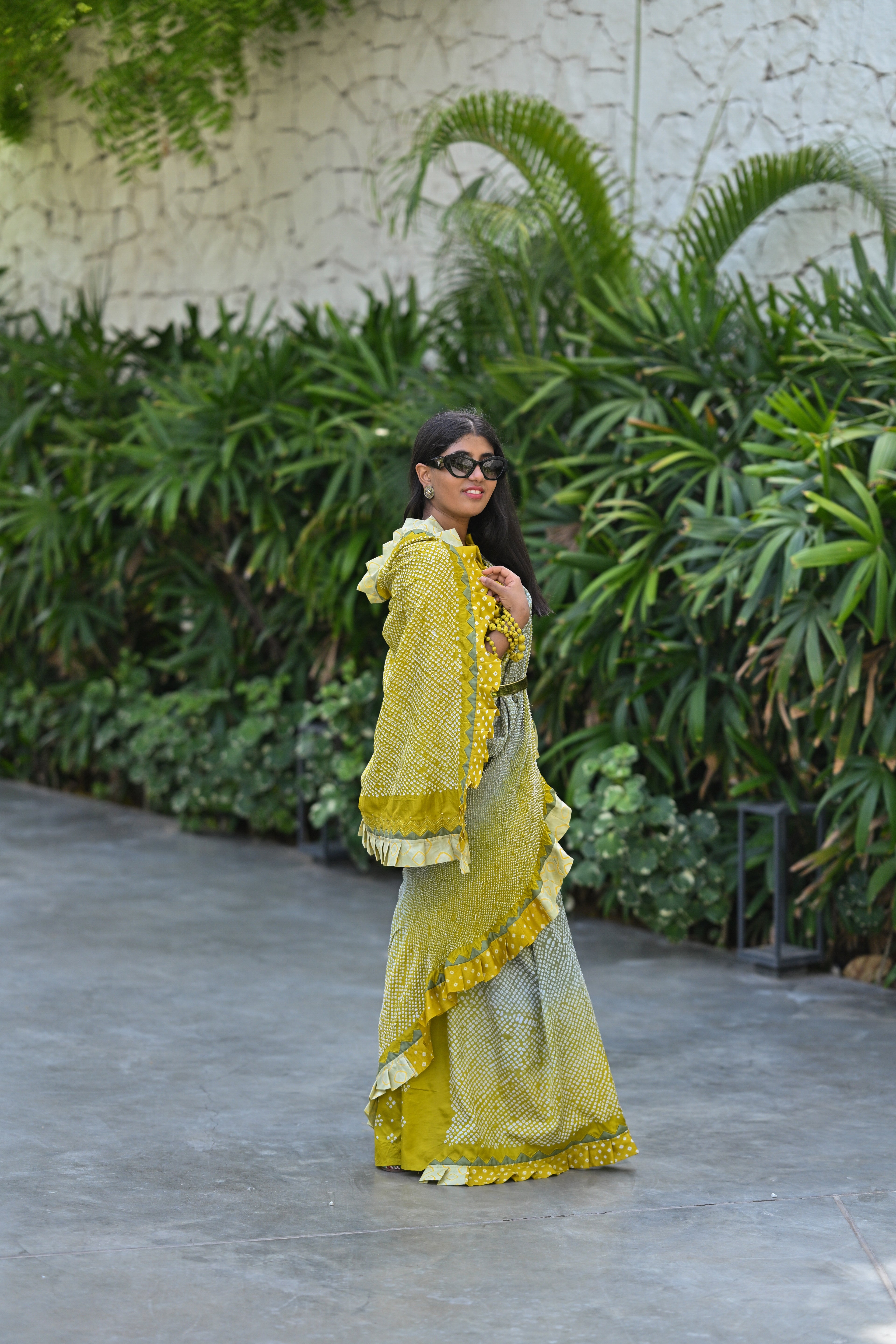 YELLOW-GREY SILK BANDHANI SAREE WITH EMBROIDERY AND RUFFLE BORDER