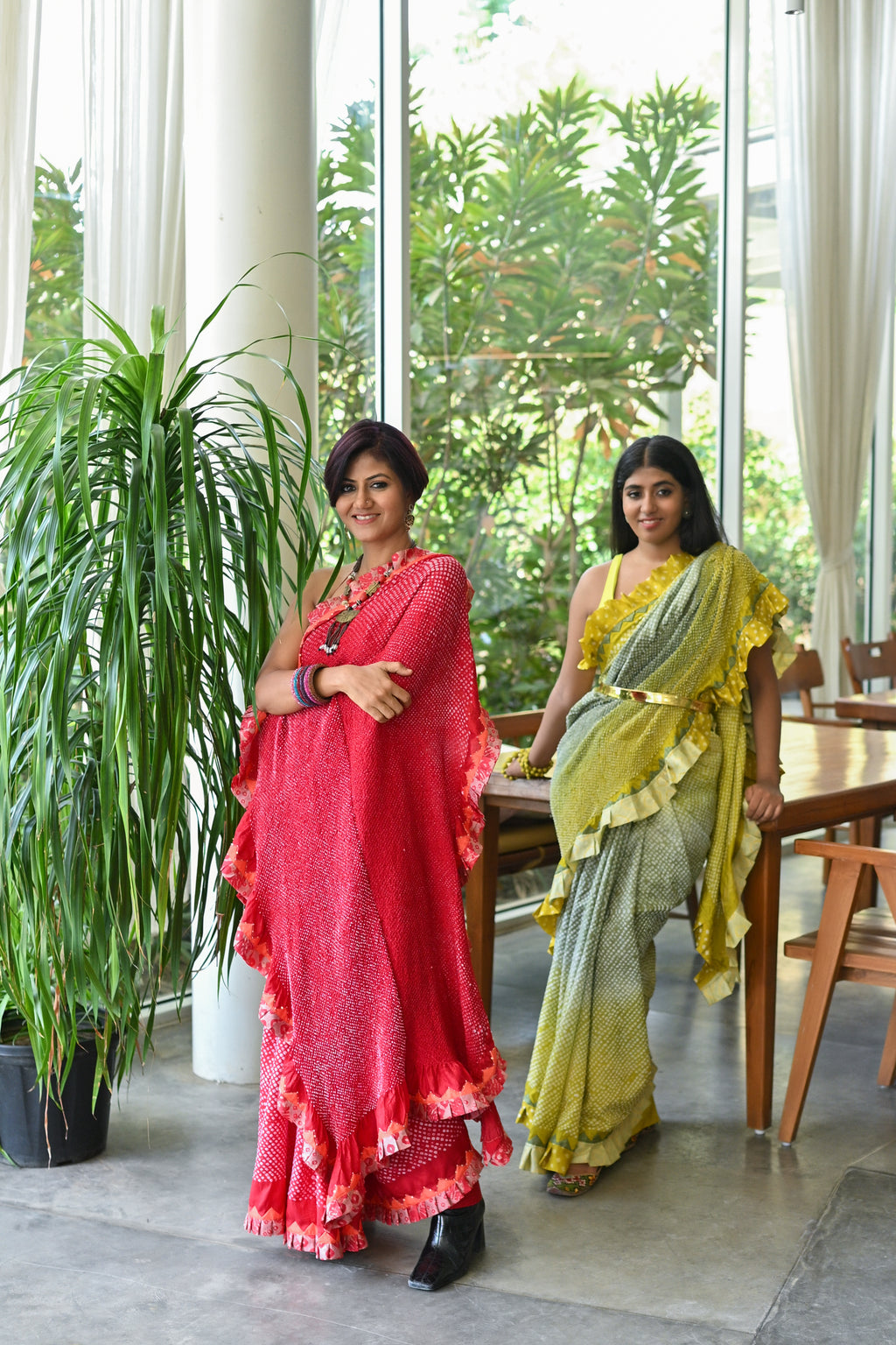 YELLOW-GREY SILK BANDHANI SAREE WITH EMBROIDERY AND RUFFLE BORDER