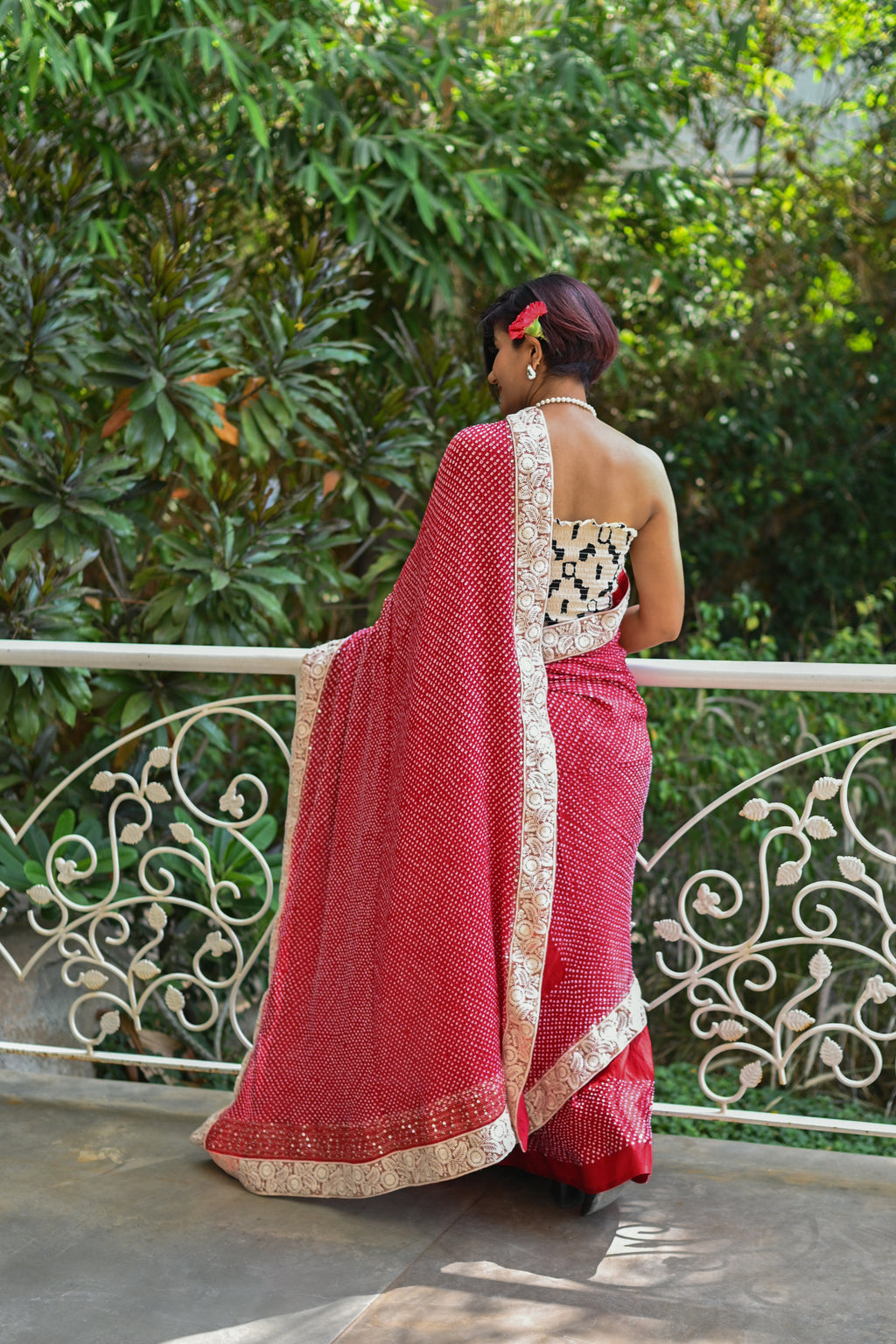 RED YIN-YANG HALF FULL HALF EMPTY ETERNAL DOT BANDHANI SILK SAREE WITH SEQUIN WORK AND LACE