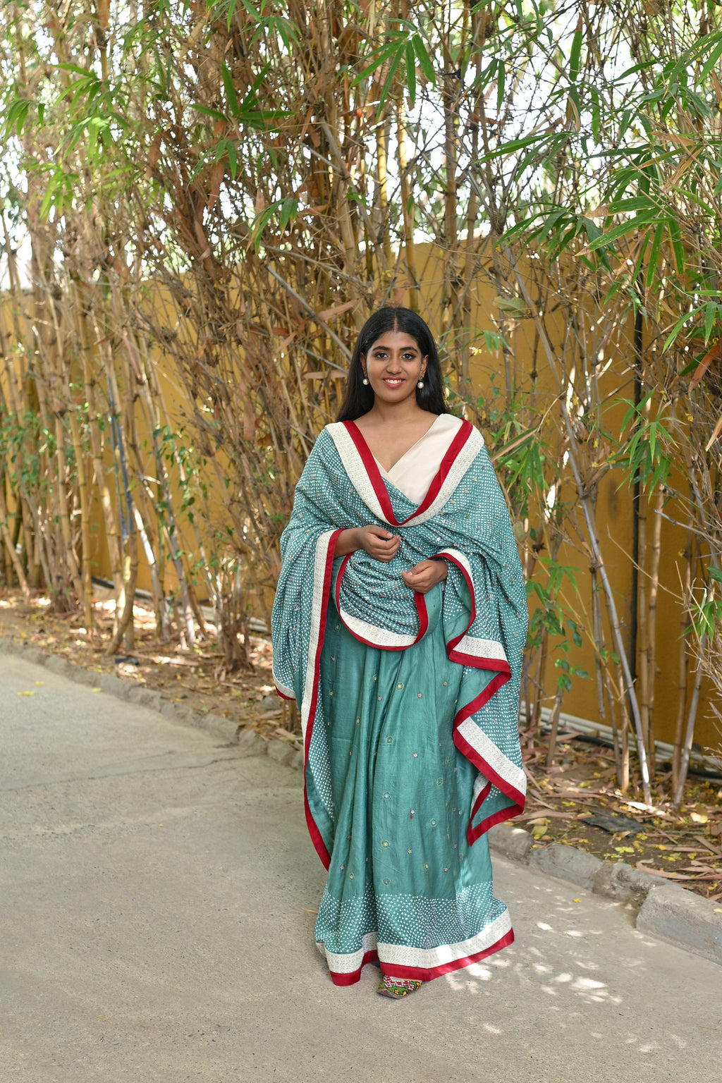 LIGHT GREEN YIN-YANG HALF FULL HALF EMPTY ETERNAL DOT BANDHANI SILK SAREE WITH EMBROIDERY AND LACE