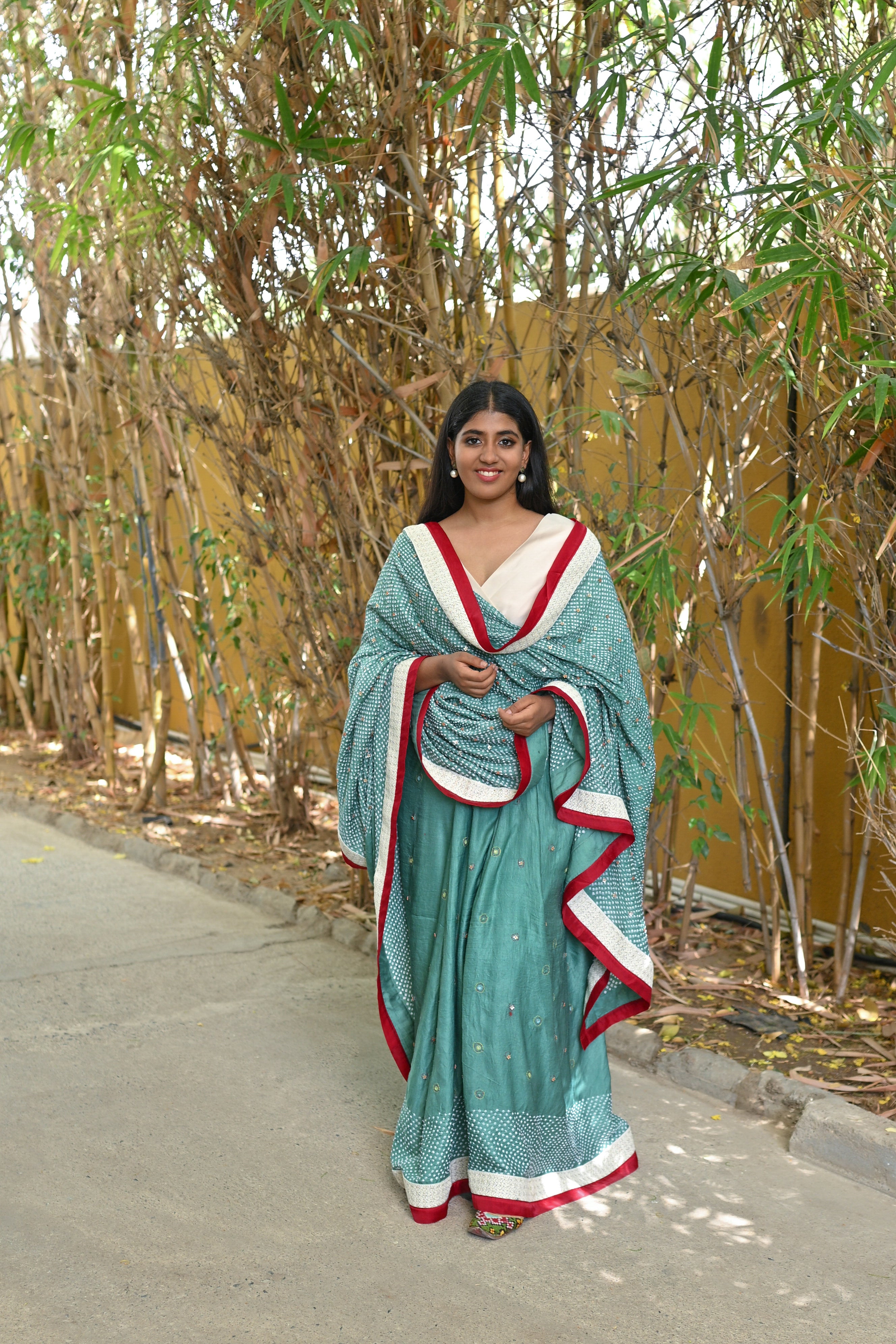 LIGHT GREEN YIN-YANG HALF FULL HALF EMPTY ETERNAL DOT BANDHANI SILK SAREE WITH EMBROIDERY AND LACE