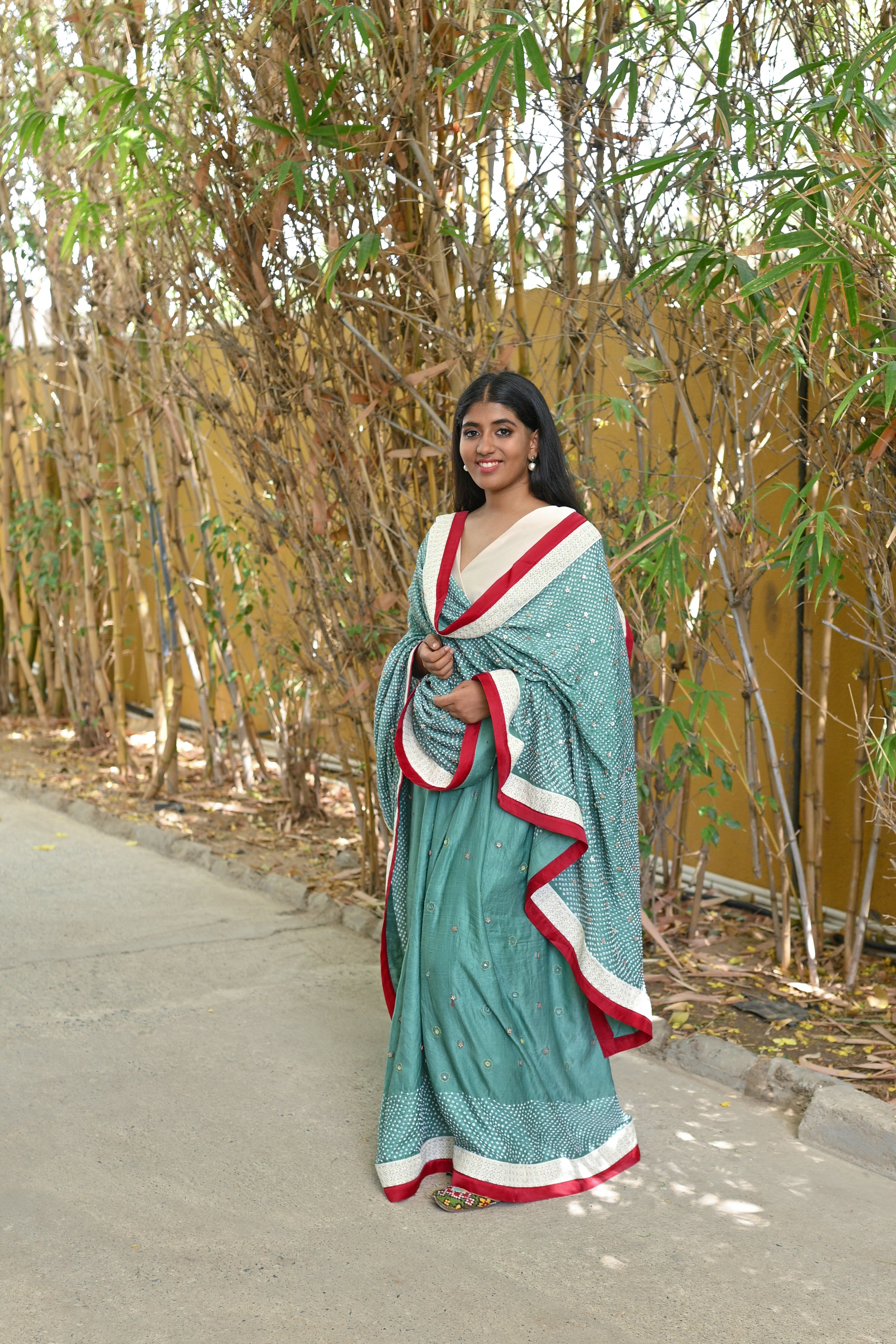LIGHT GREEN YIN-YANG HALF FULL HALF EMPTY ETERNAL DOT BANDHANI SILK SAREE WITH EMBROIDERY AND LACE