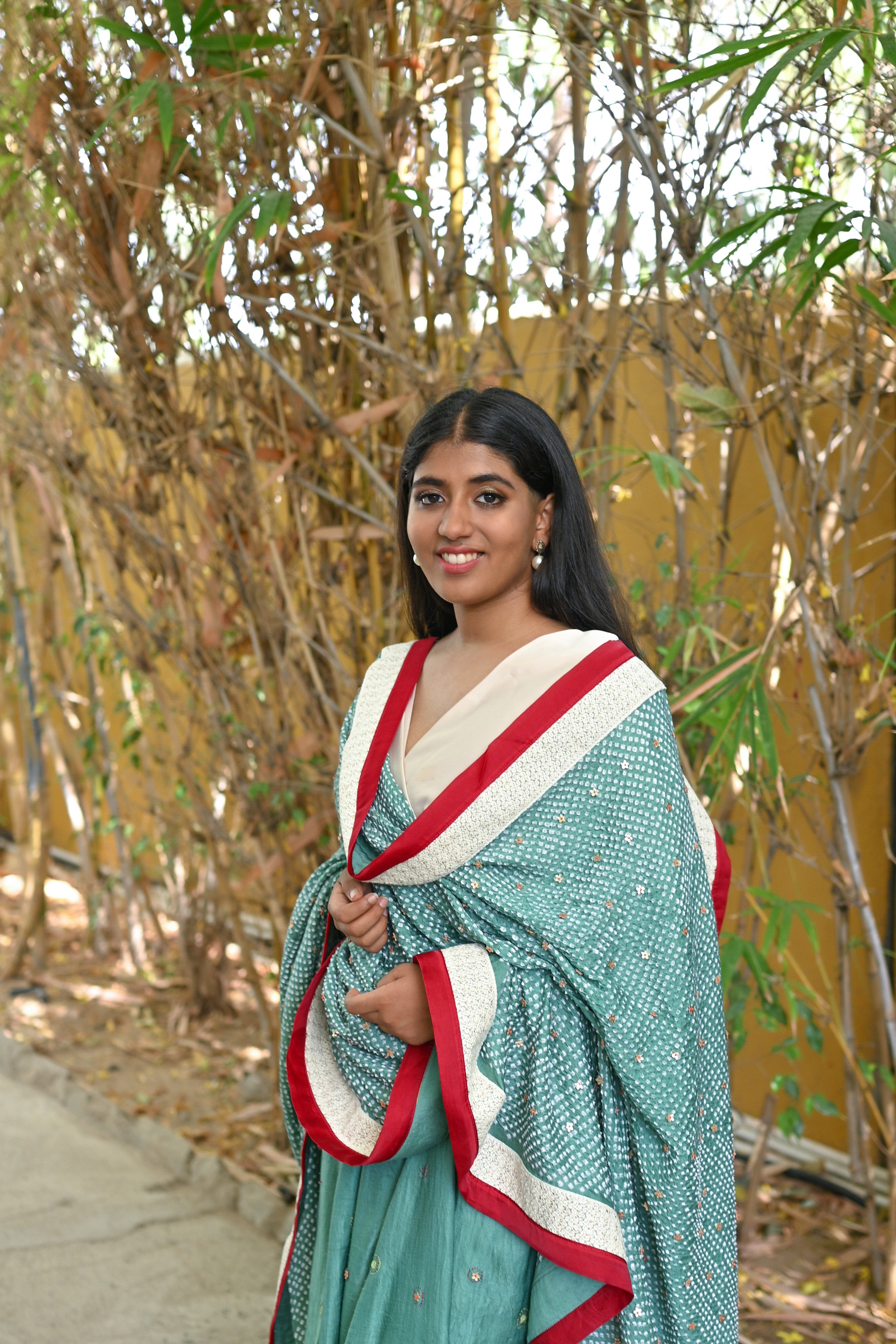 LIGHT GREEN YIN-YANG HALF FULL HALF EMPTY ETERNAL DOT BANDHANI SILK SAREE WITH EMBROIDERY AND LACE