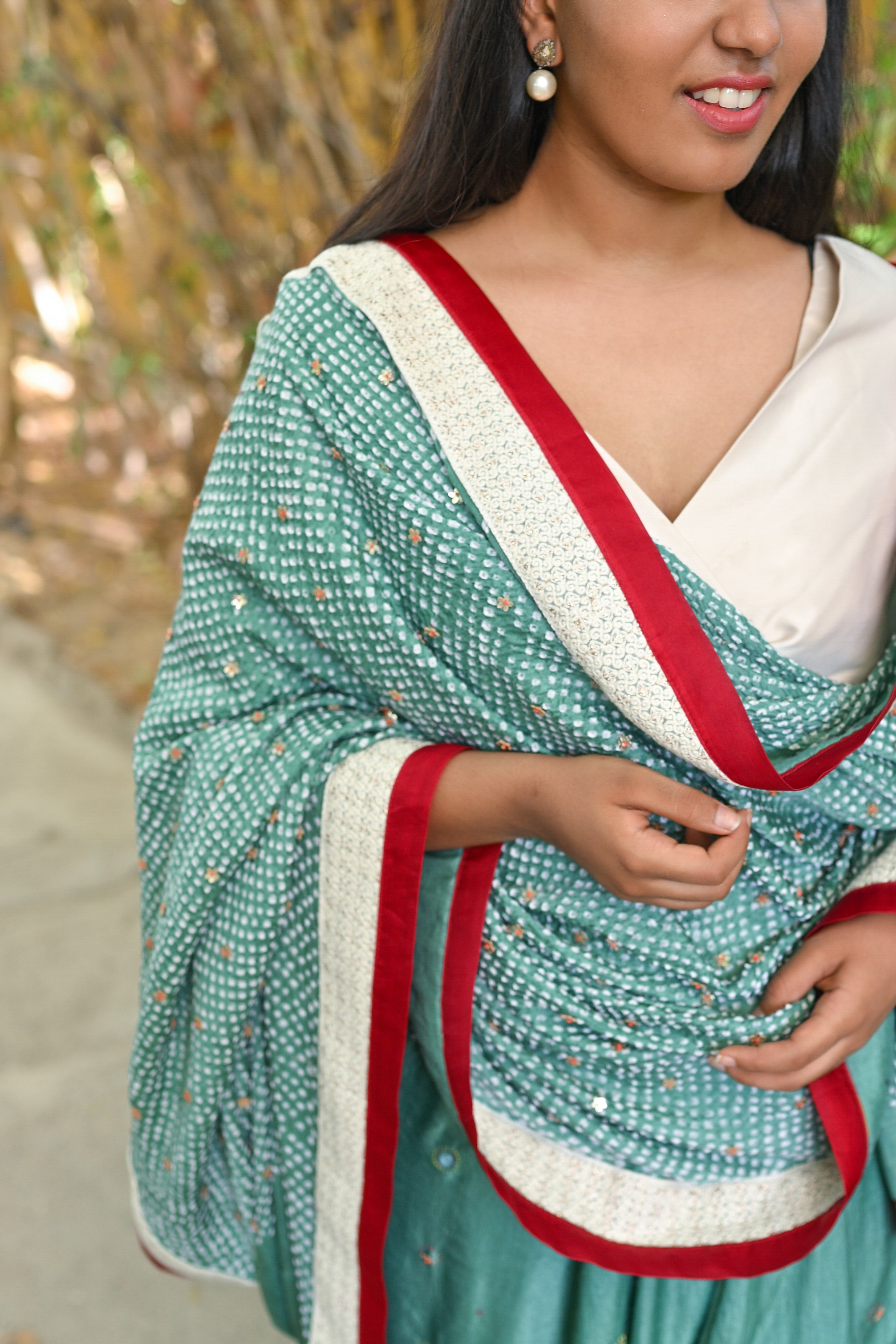 LIGHT GREEN YIN-YANG HALF FULL HALF EMPTY ETERNAL DOT BANDHANI SILK SAREE WITH EMBROIDERY AND LACE