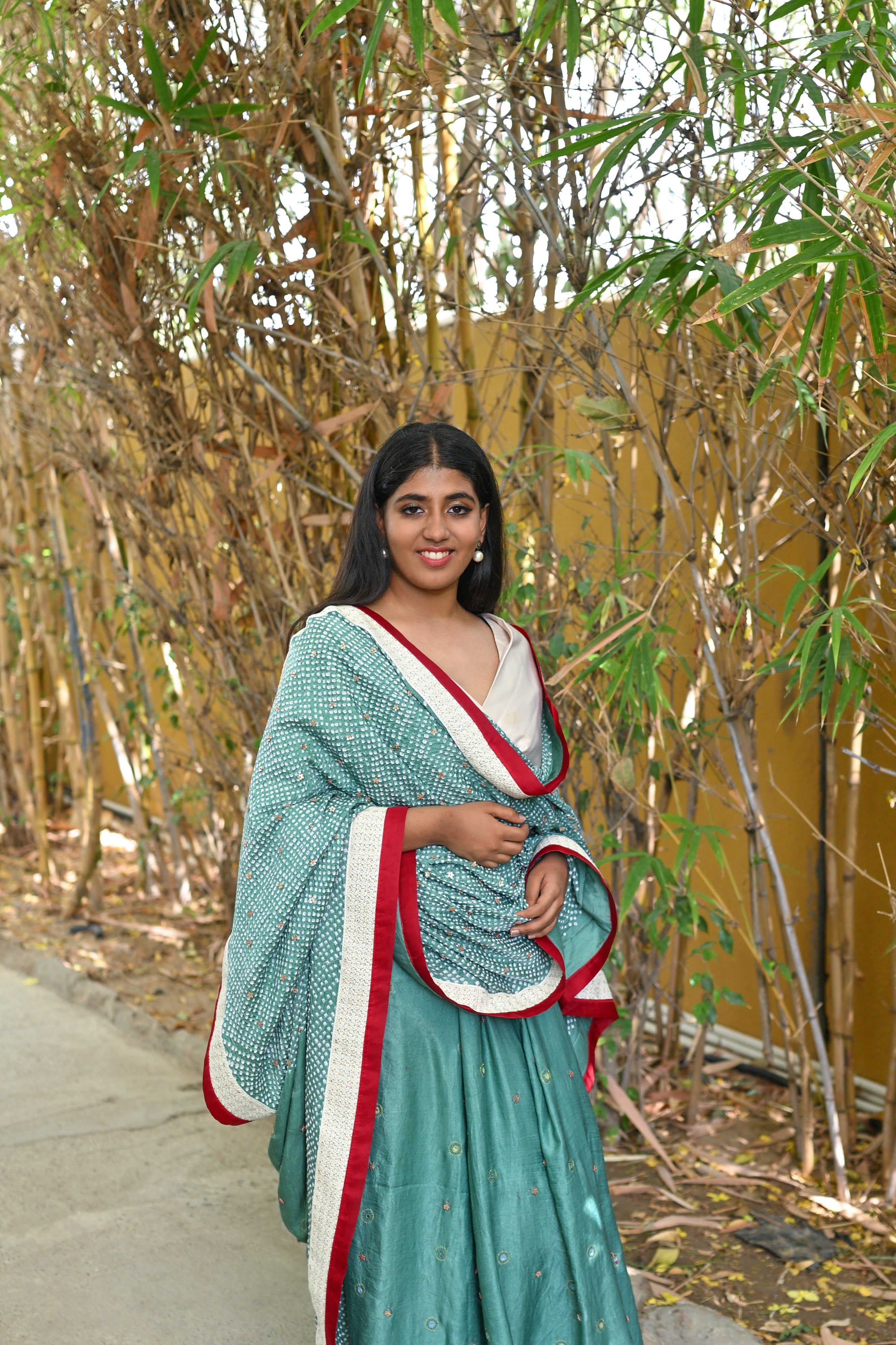 LIGHT GREEN YIN-YANG HALF FULL HALF EMPTY ETERNAL DOT BANDHANI SILK SAREE WITH EMBROIDERY AND LACE