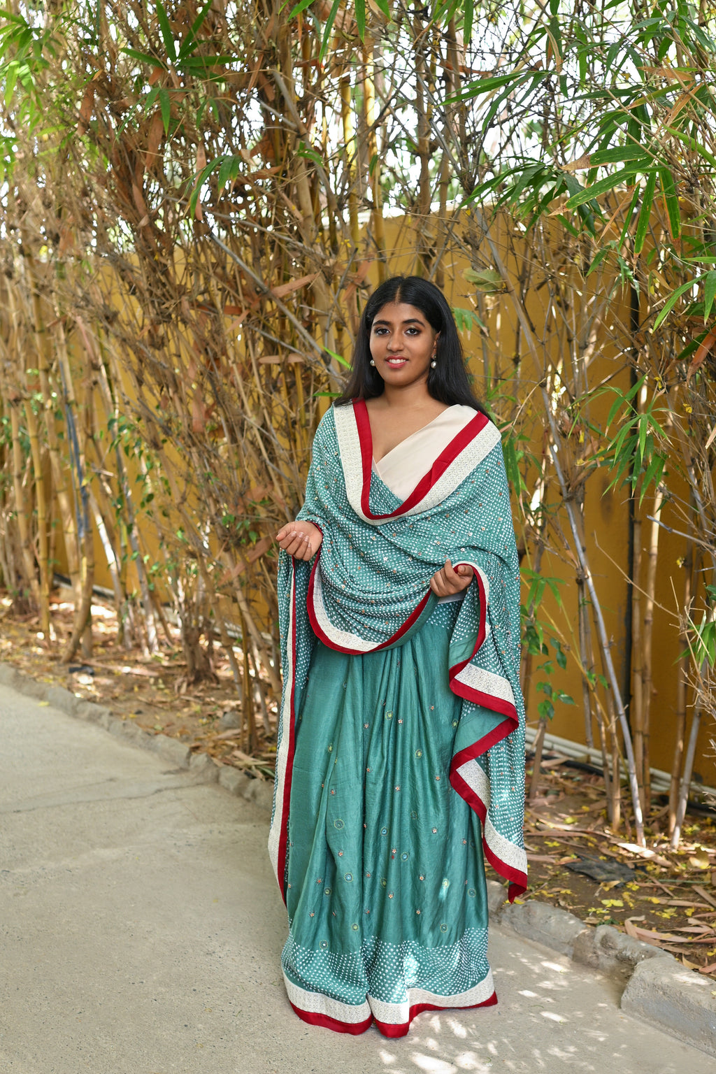 LIGHT GREEN YIN-YANG HALF FULL HALF EMPTY ETERNAL DOT BANDHANI SILK SAREE WITH EMBROIDERY AND LACE