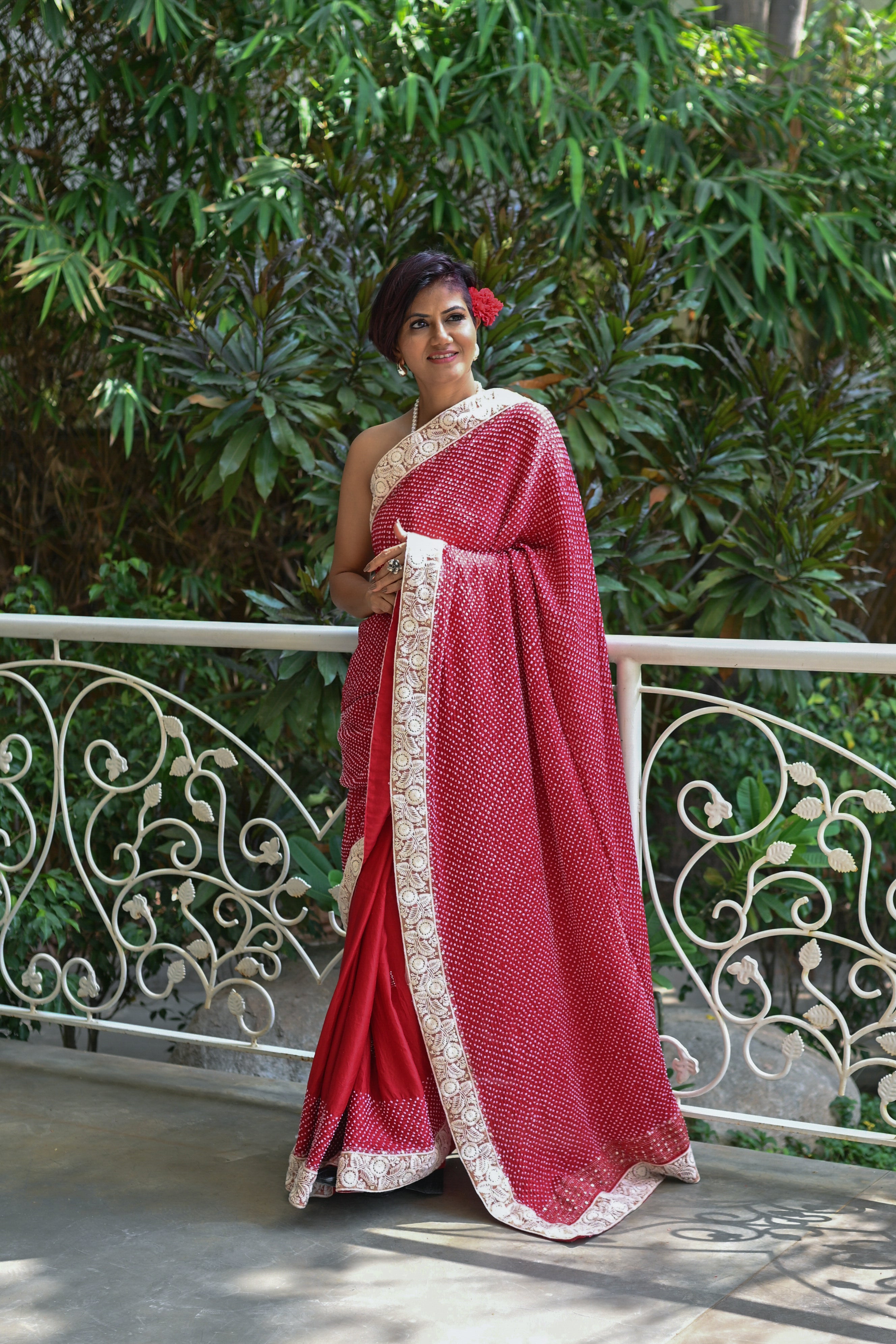 RED YIN-YANG HALF FULL HALF EMPTY ETERNAL DOT BANDHANI SILK SAREE WITH SEQUIN WORK AND LACE