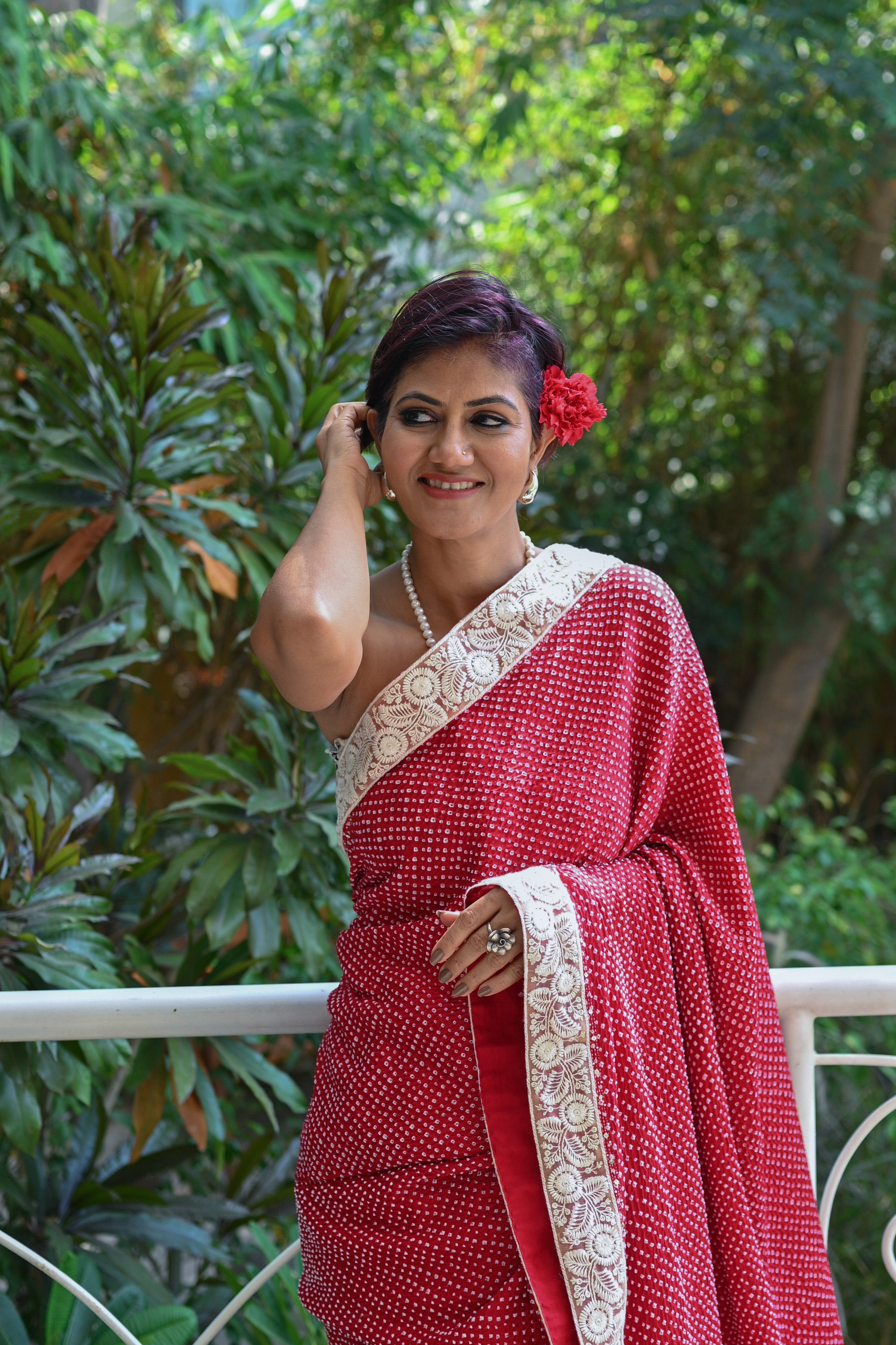 RED YIN-YANG HALF FULL HALF EMPTY ETERNAL DOT BANDHANI SILK SAREE WITH SEQUIN WORK AND LACE