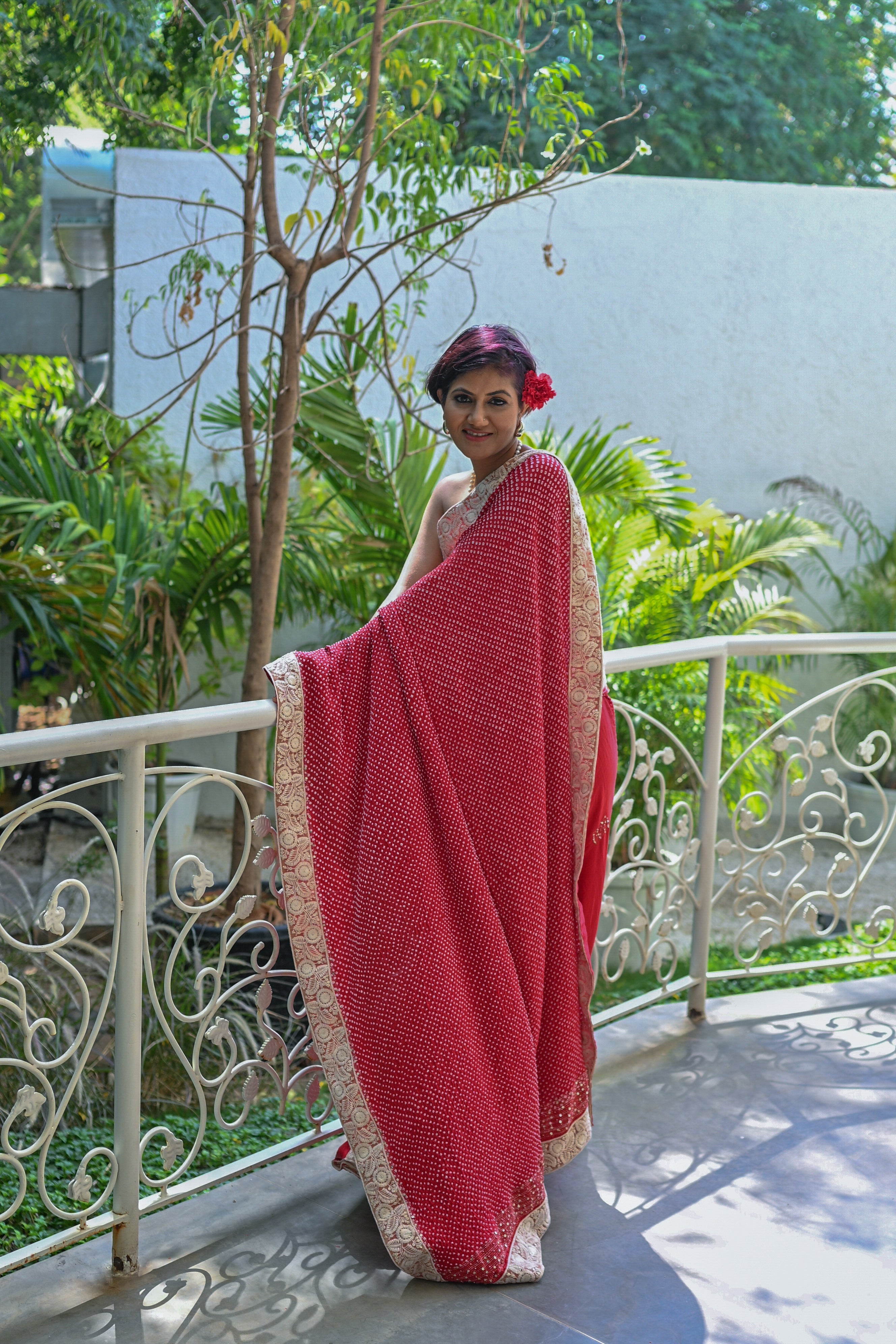 RED YIN-YANG HALF FULL HALF EMPTY ETERNAL DOT BANDHANI SILK SAREE WITH SEQUIN WORK AND LACE